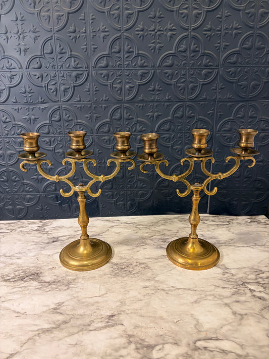 Brass 3 Arm Candelabra Set with Swirls