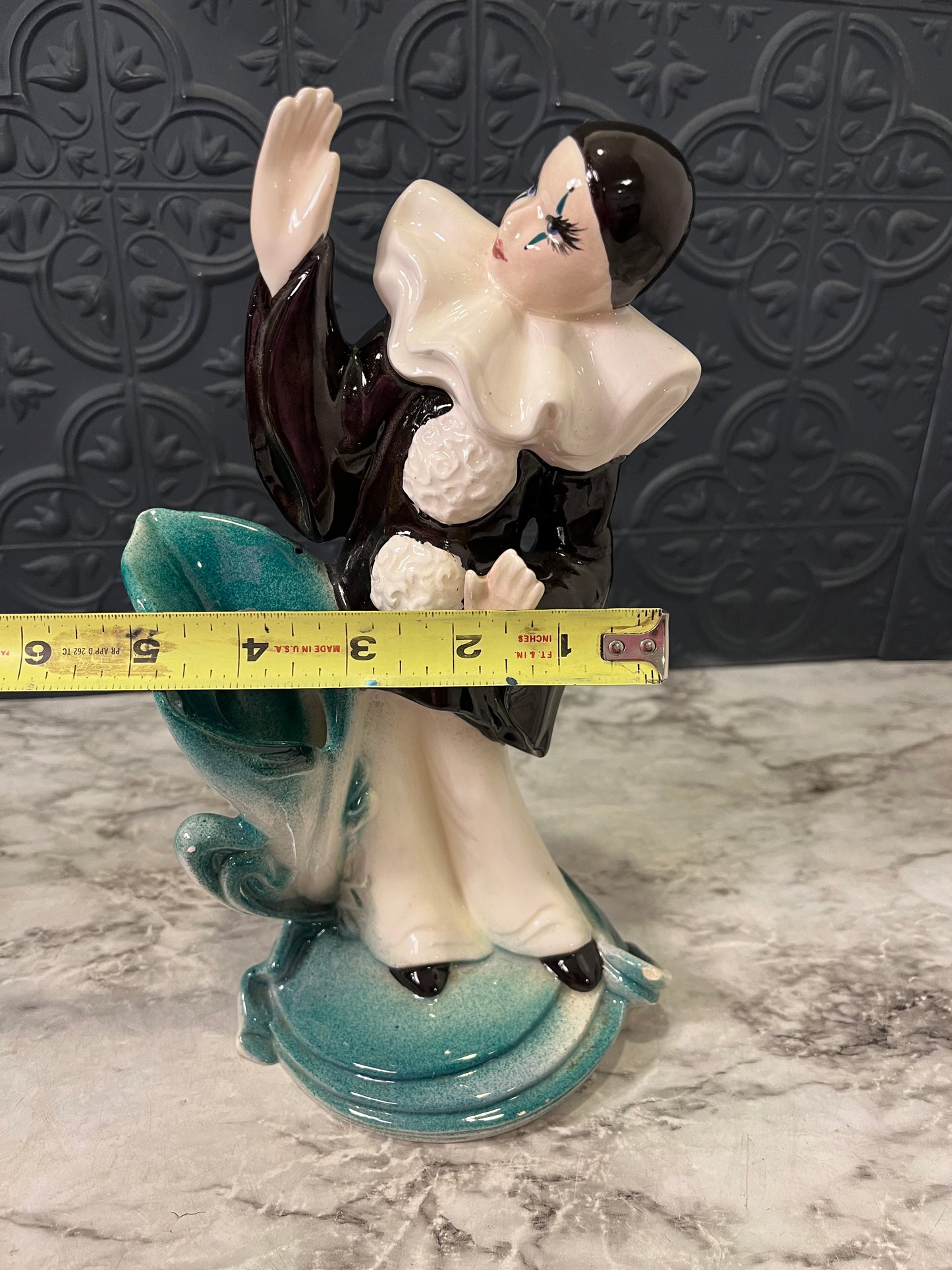 Vintage Black and white Mime Statue with Green floral