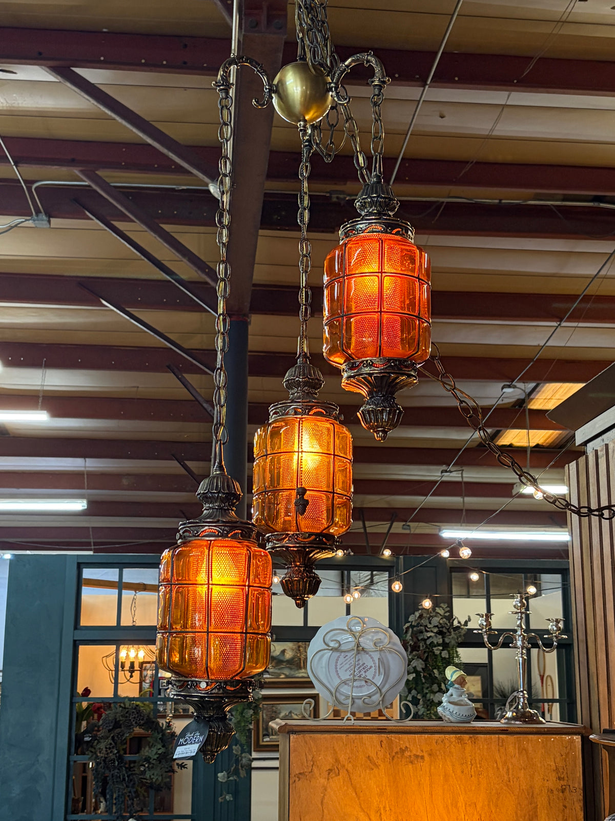 Amber Glass Triple Swag Lamp