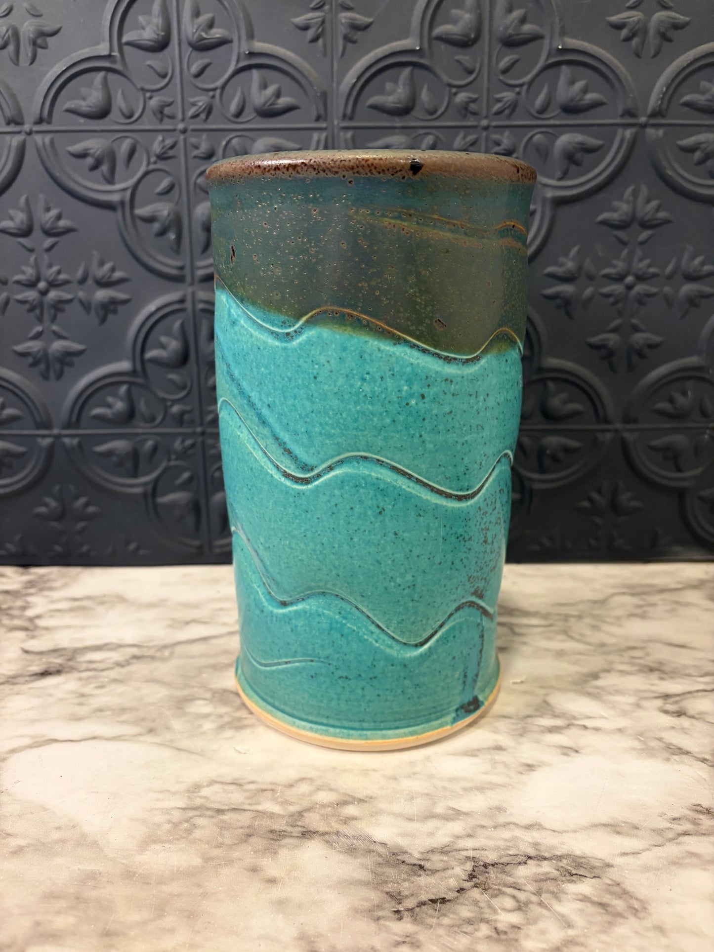 Teal and Brown Wave Pattern Pottery Vase