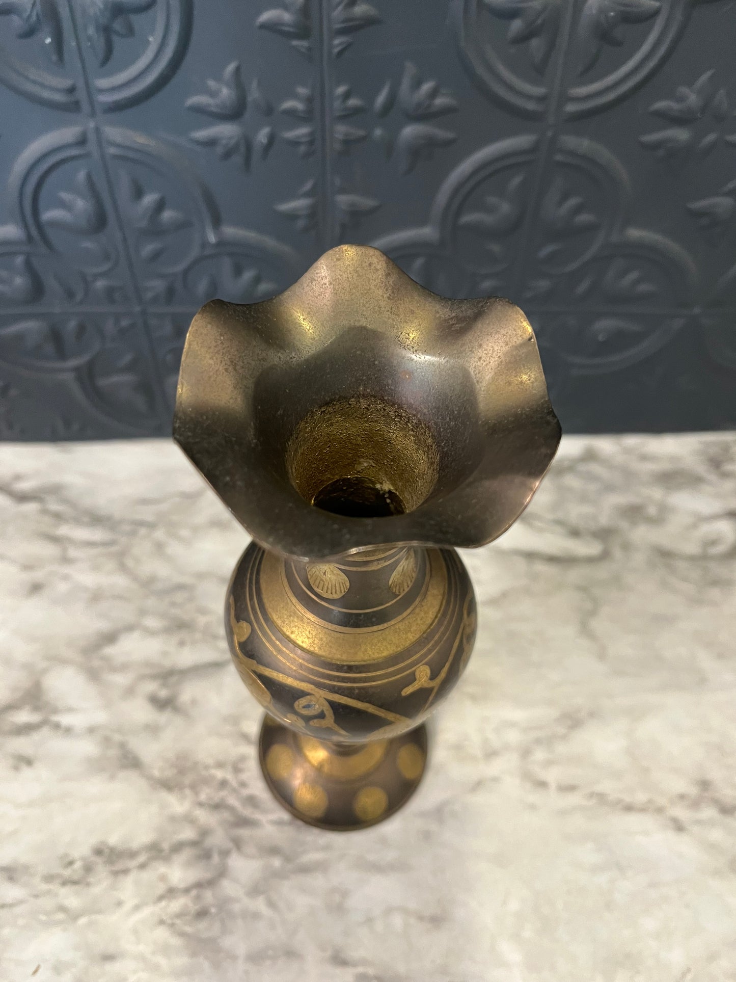 Etched two tone brass vase with ruffle top 7.75"