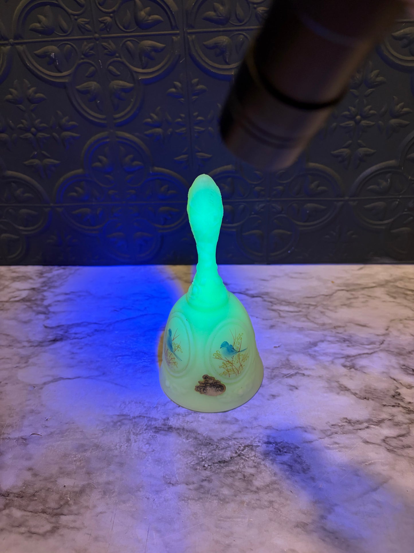 Fenton Custard uranium Glass Bell with Bird