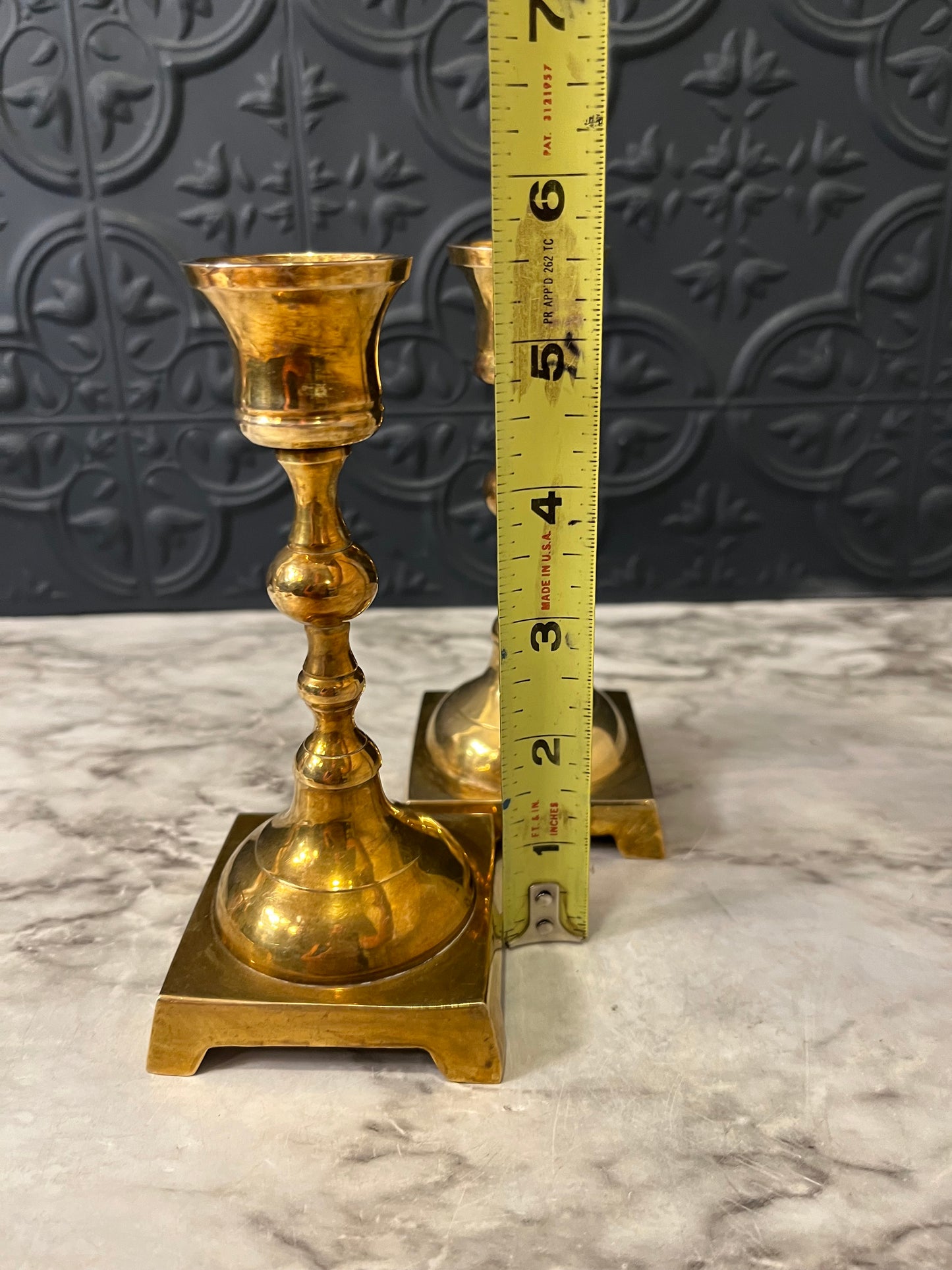 Set of 2 Brass Candle Holders Square Base 5.5