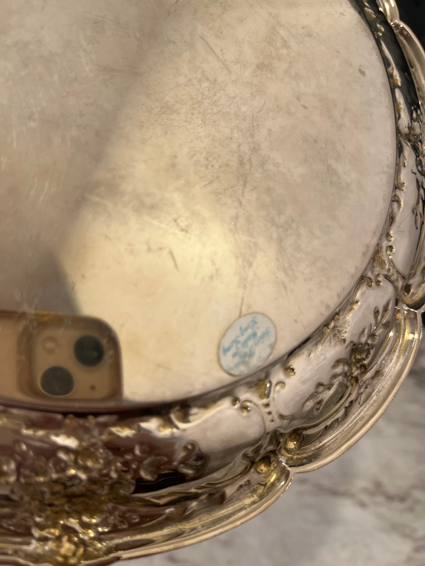 Round Ornate Silver tone mirror tray