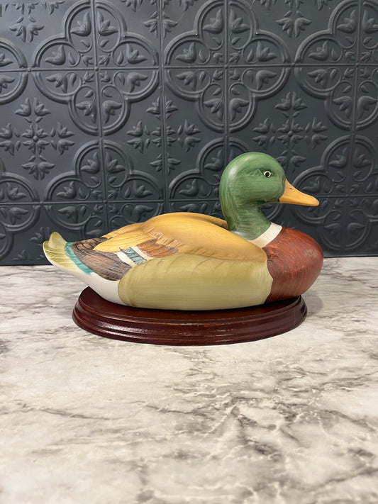 Vintage Hand Painted Ceramic Mallard on Wood Base