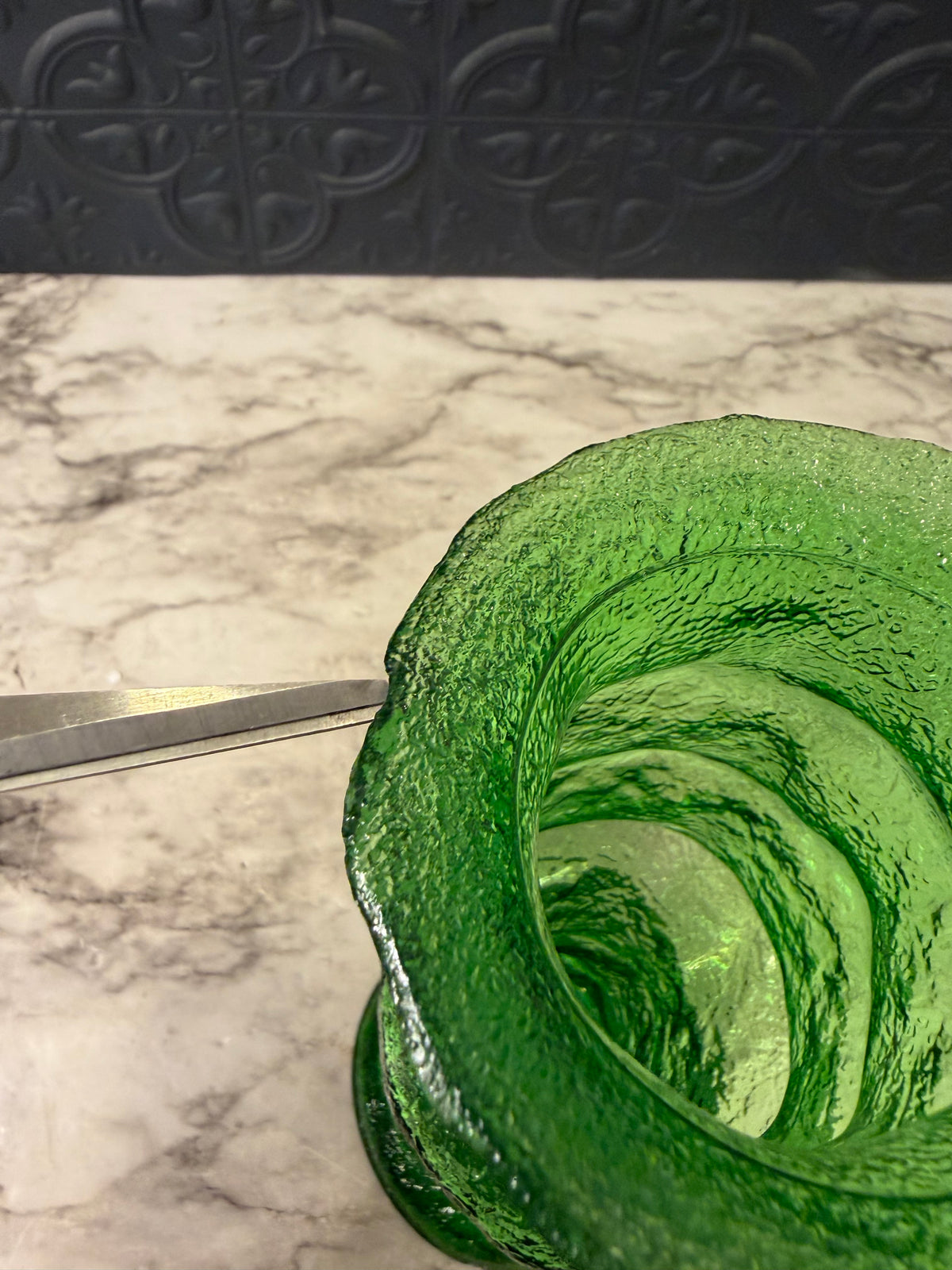 E O Brody Green Glass Textured Vase AS IS