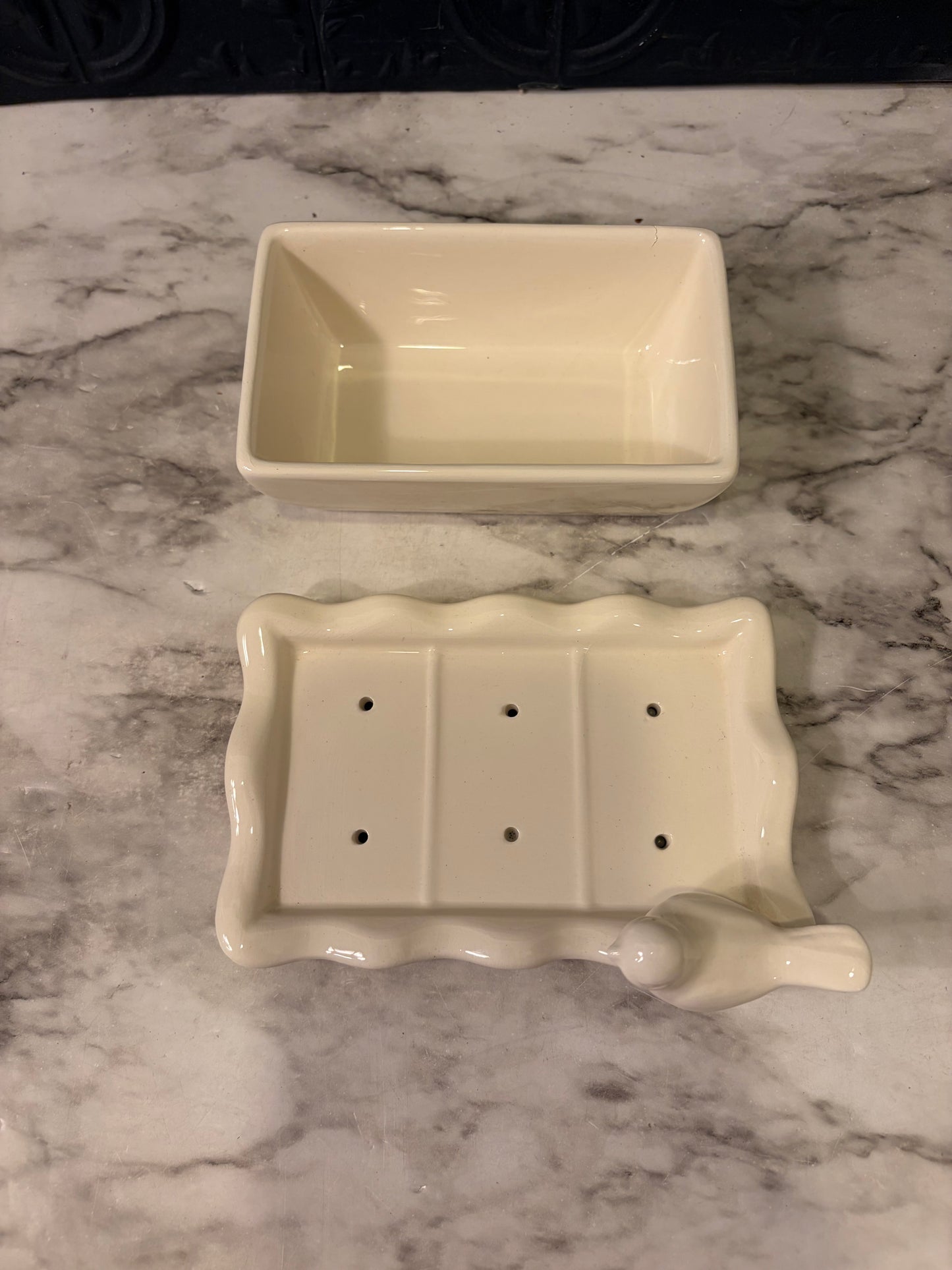 White Ceramic Soap Dish with Bird