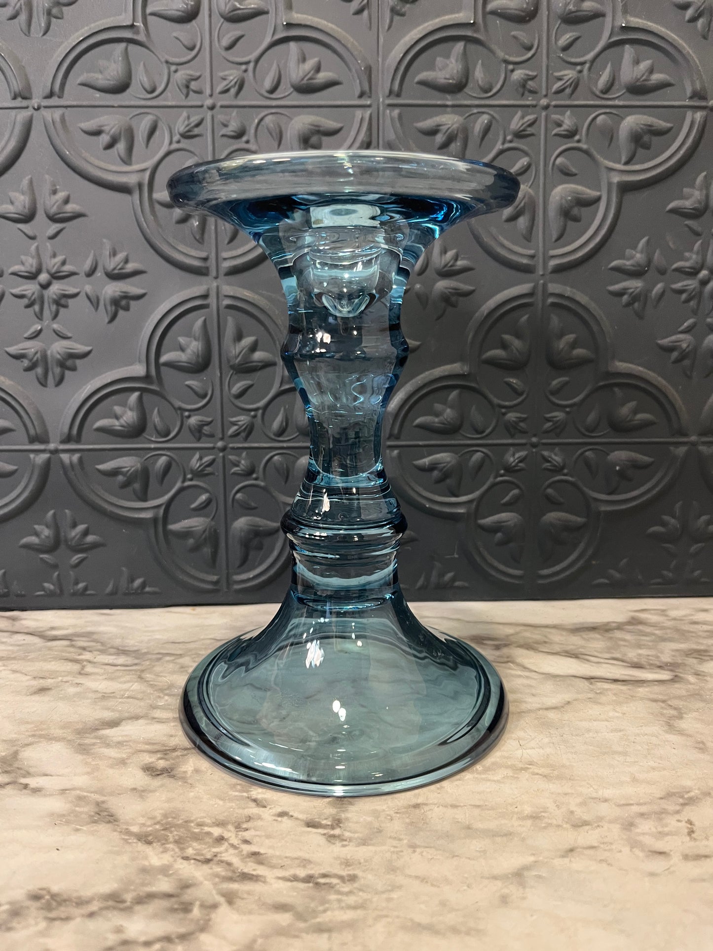 Blue Glass Candle and Pillar Holder 7"