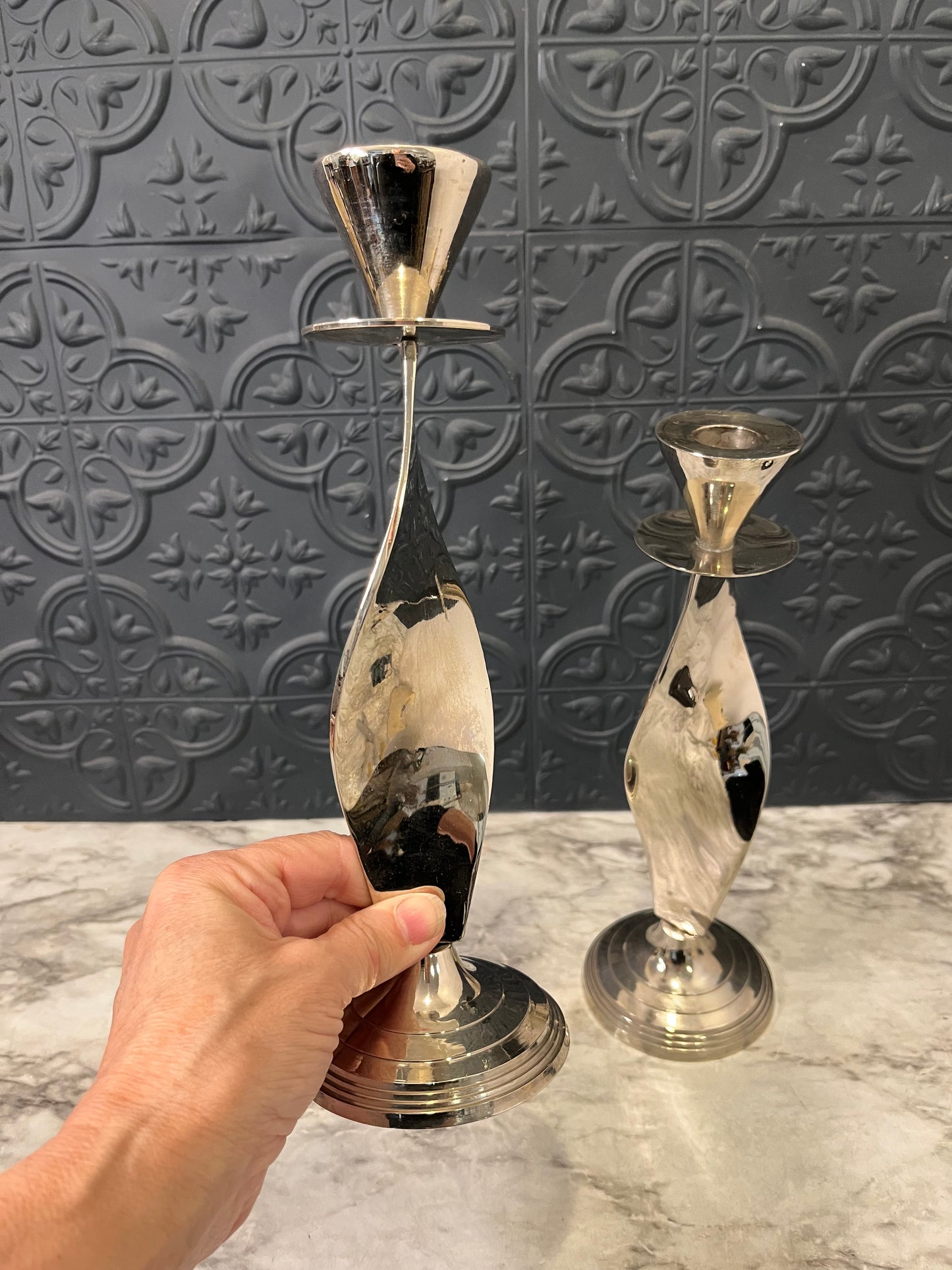 Silver Plated spiral candlestick pair