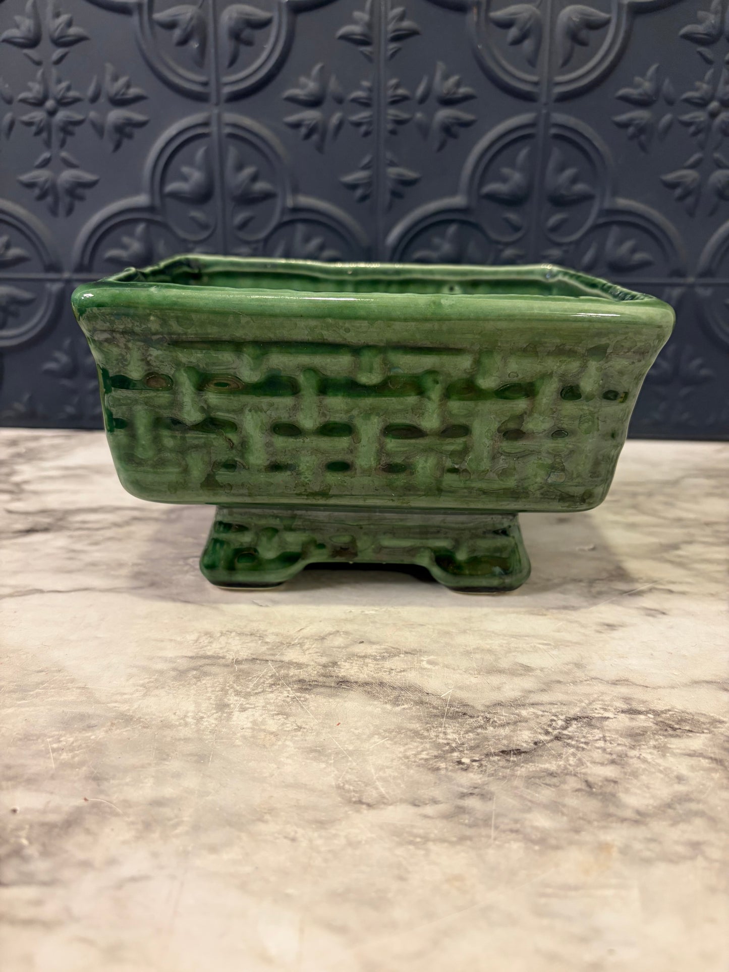 Vintage Green Basketweave Planter