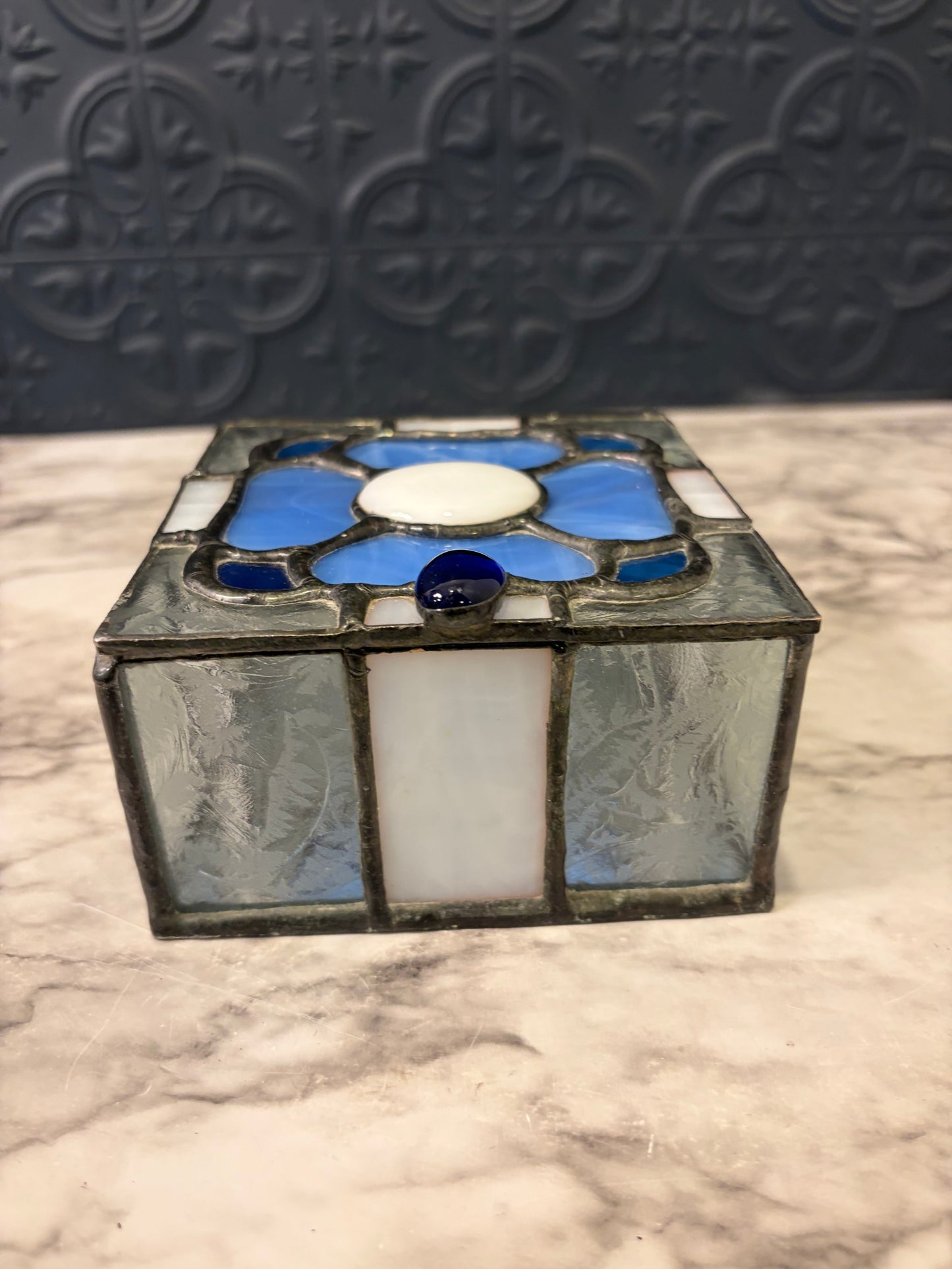 Blue Flower Stained Glass Box AS IS