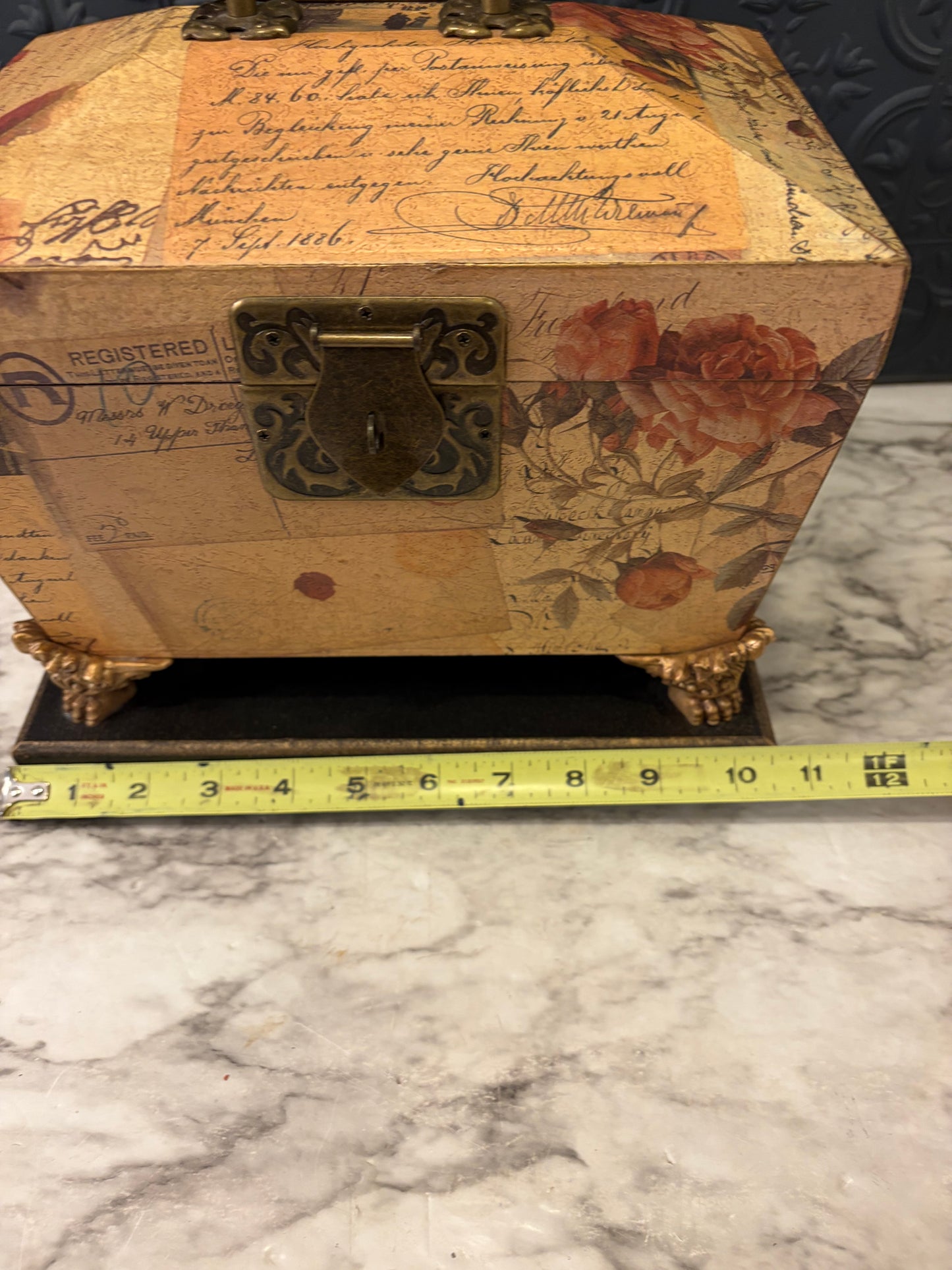 Floral Box with handles and Feet on Wood Base