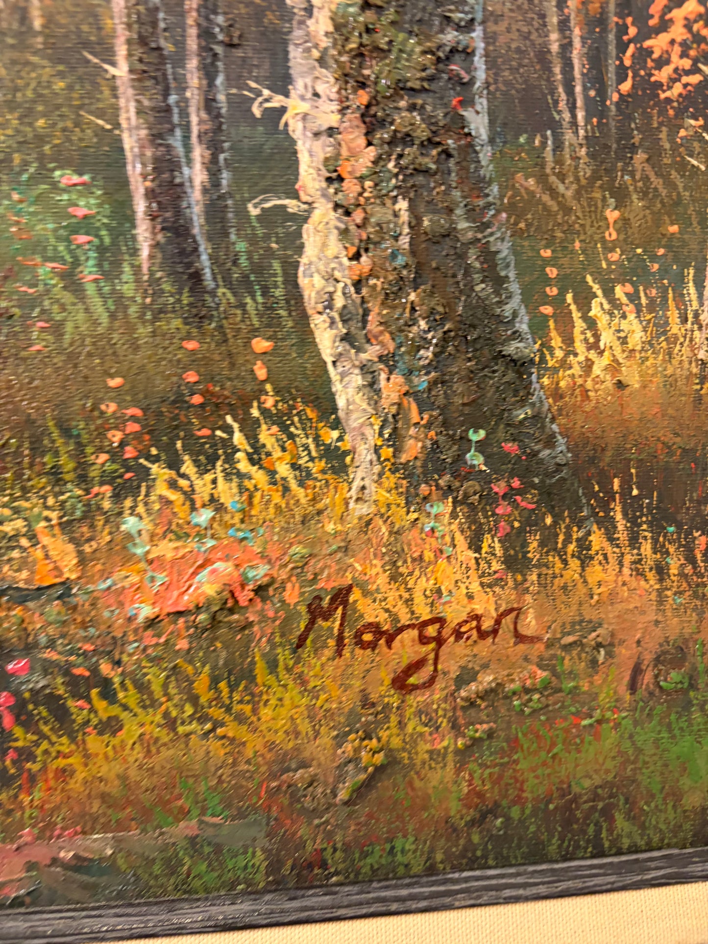 Oil Landscape Painting in Blue Frame Signed Morgan