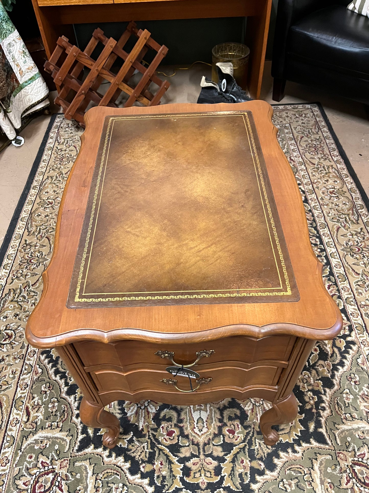 Vintage Wood Side Table with Leather Top