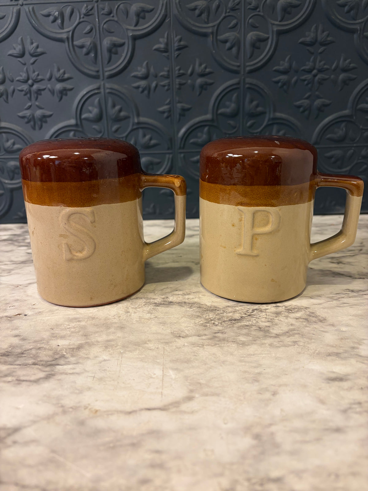 Vintage Brown and Cream Stoneware Salt and Pepper shakers