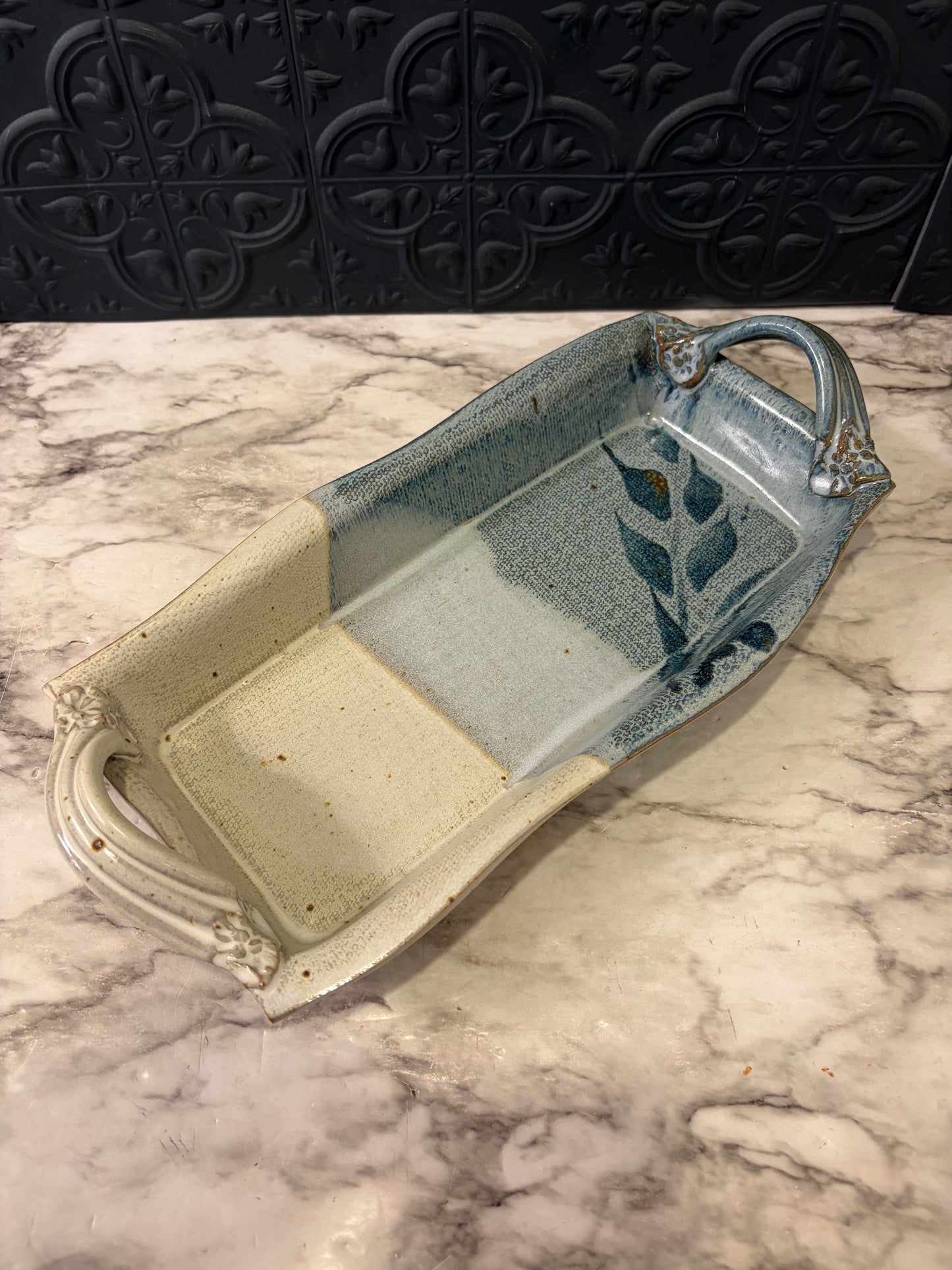 Studio Pottery Tray with Cream and Blue Handles