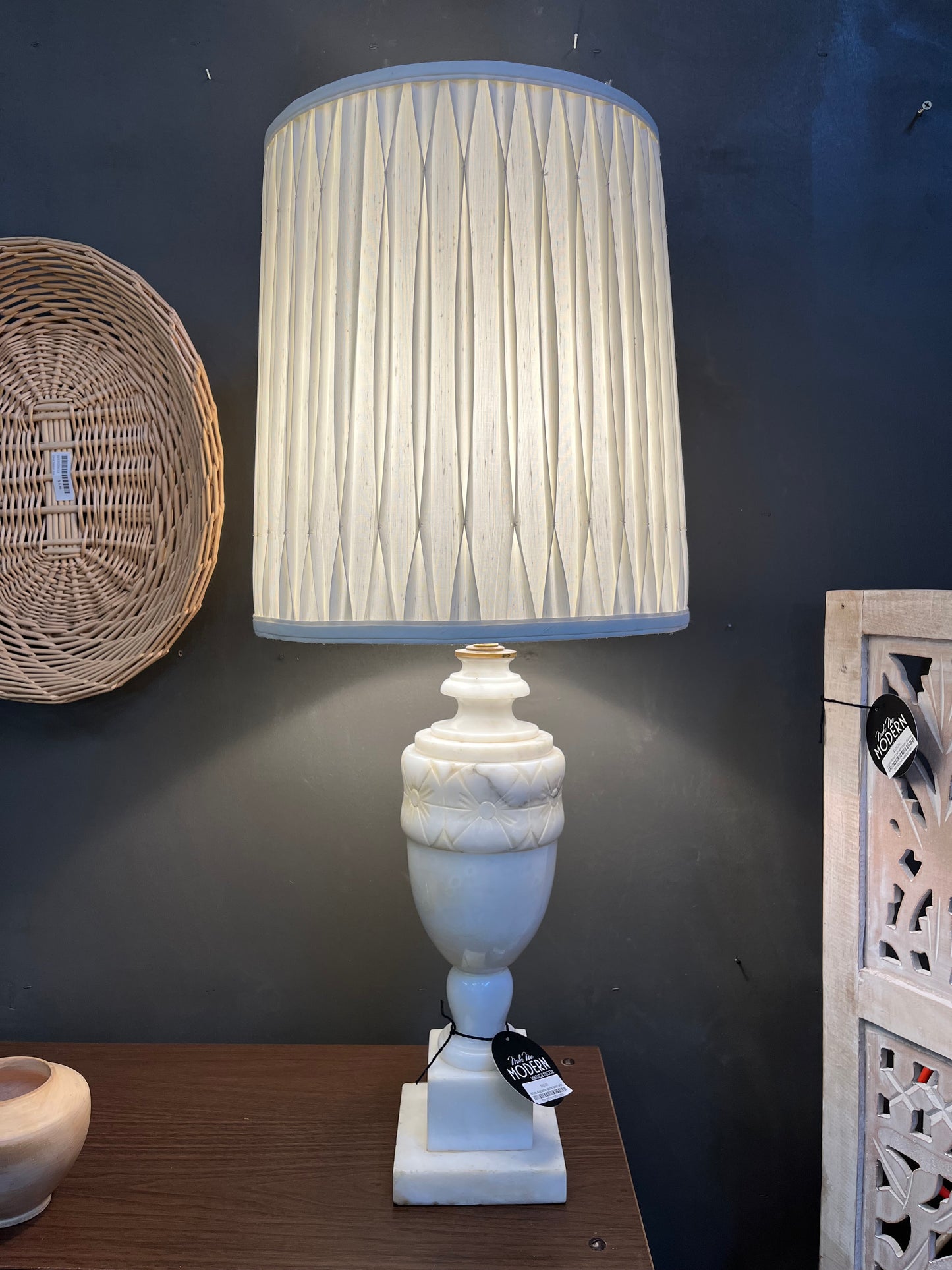White Alabaster stone lamp with carved flowers