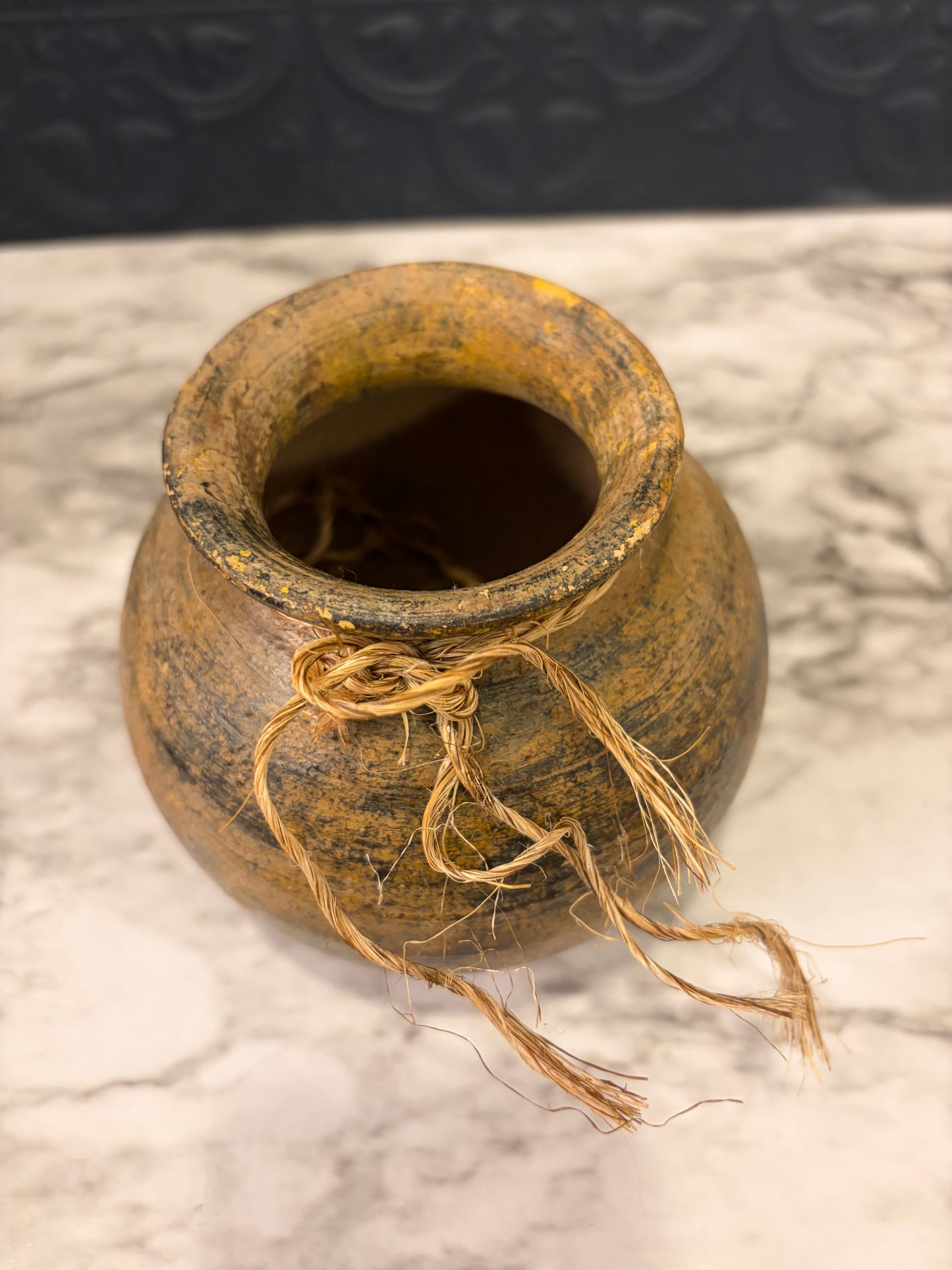 Small Round Pottery Vase with Raffia Tie