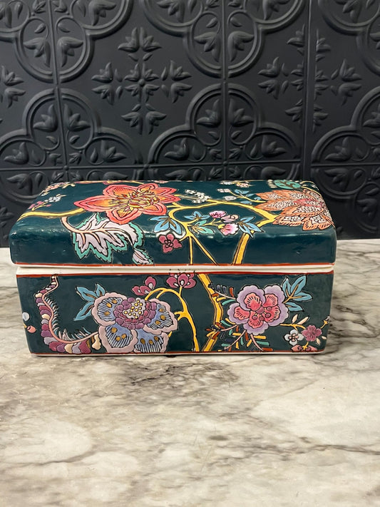 Chinese Enamel Teal Box with  Flowers