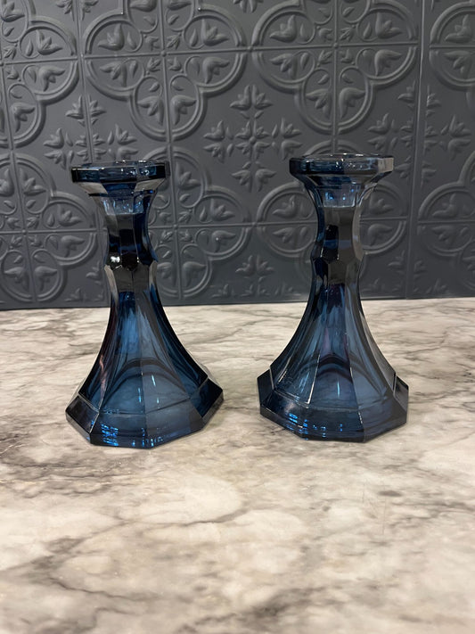 Dark Smoky Blue Glass Candle Holders x  2