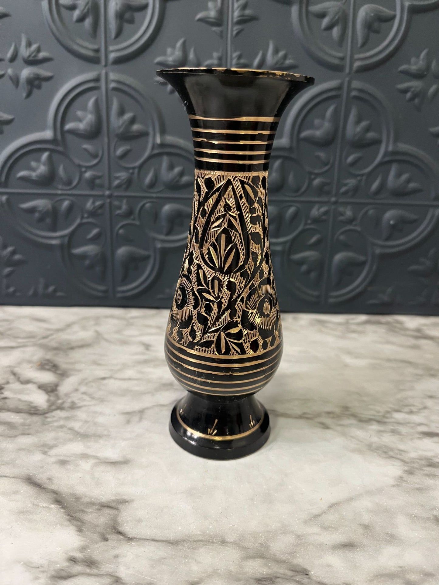 Black Brass Etched Bud Vase