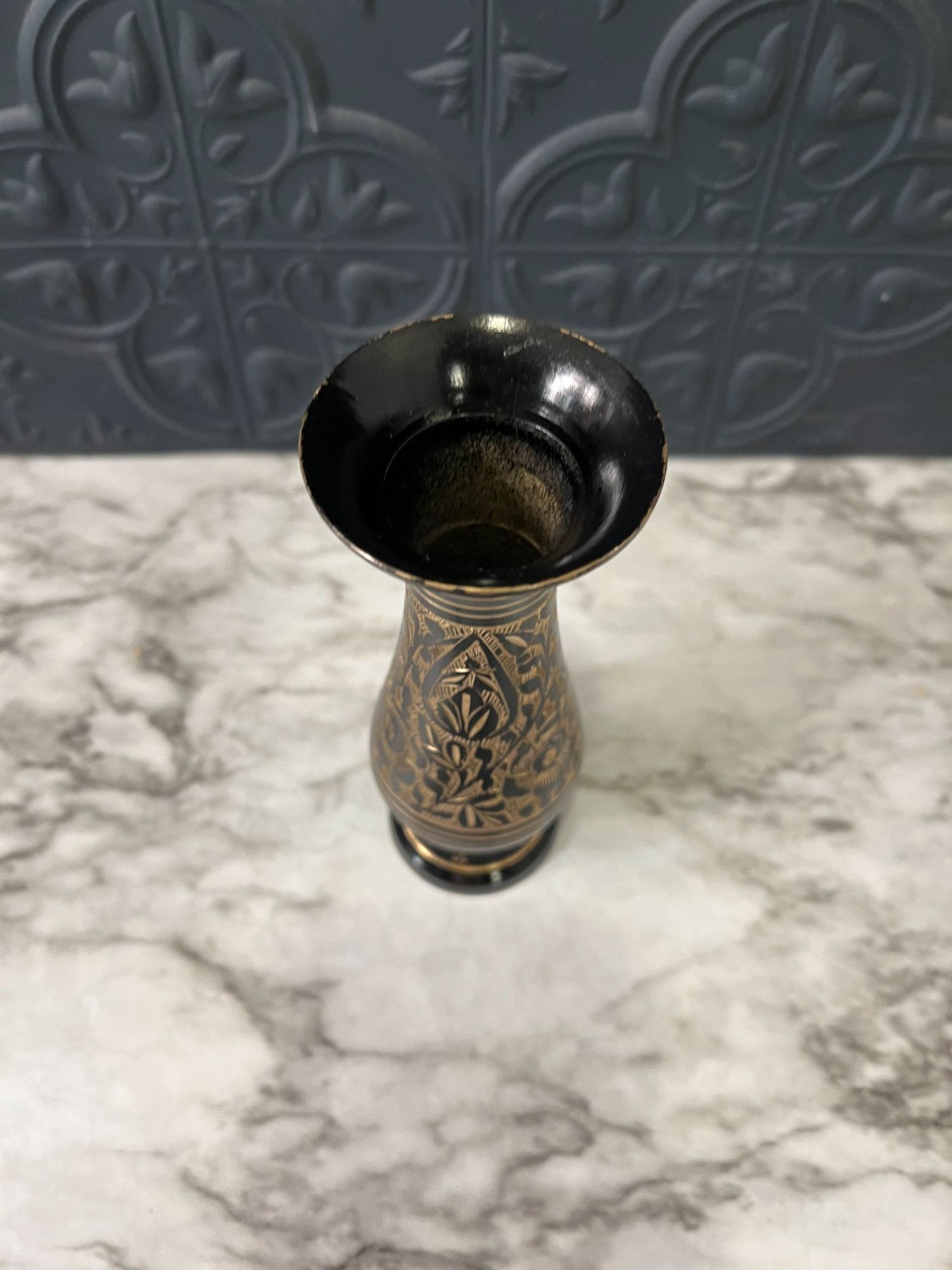 Black Brass Etched Bud Vase