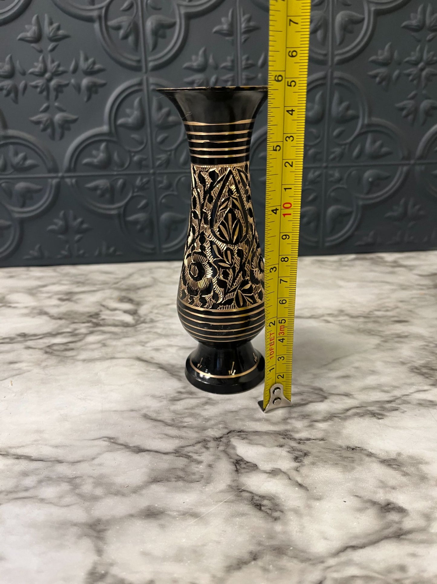 Black Brass Etched Bud Vase