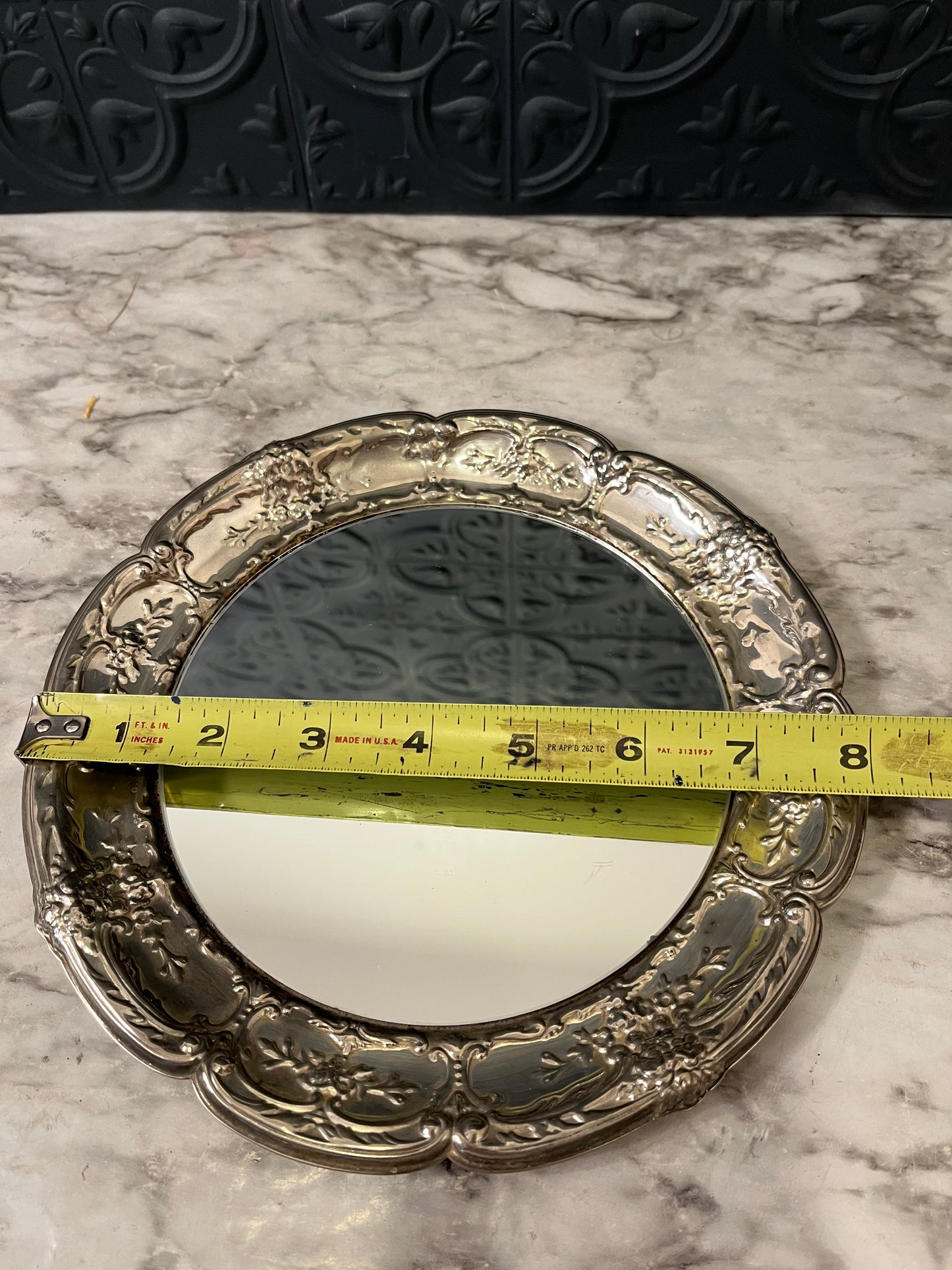 Round Ornate Silver tone mirror tray