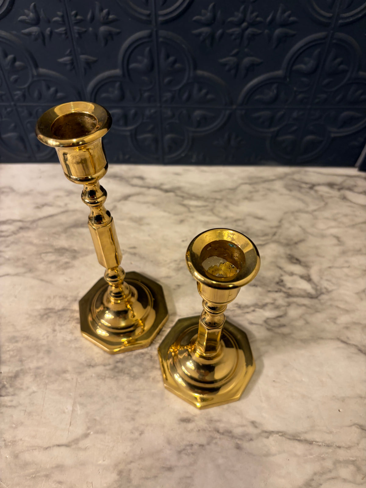 Set of 2 Hex Staff Candlesticks 7.25, 5.5"