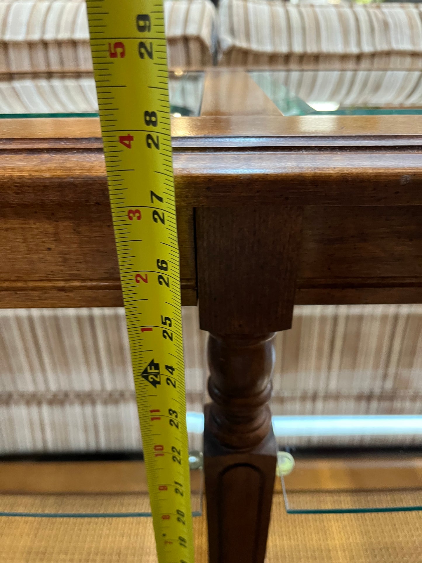 Vintage Wood and Glass Sofa Table with Faux Cane Shelf
