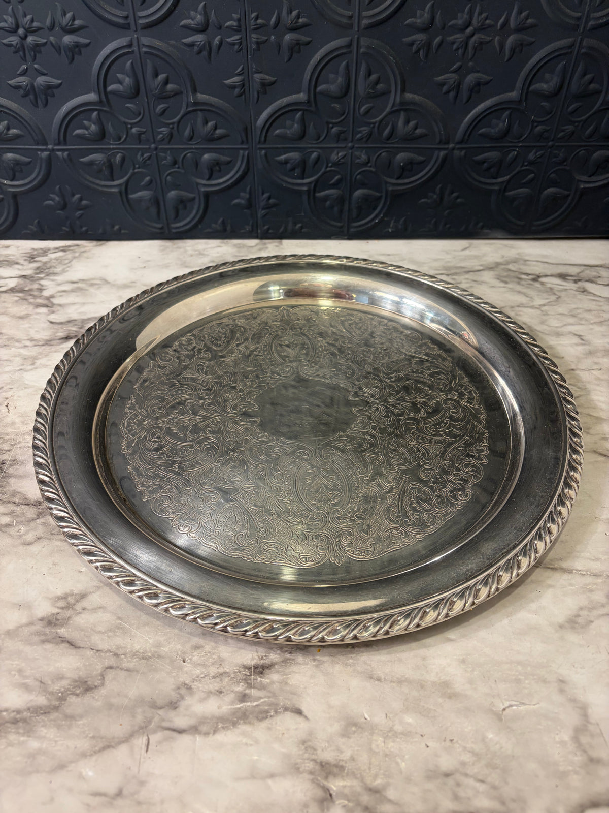 12" Etched Silver Plate Tray with Rope Edge