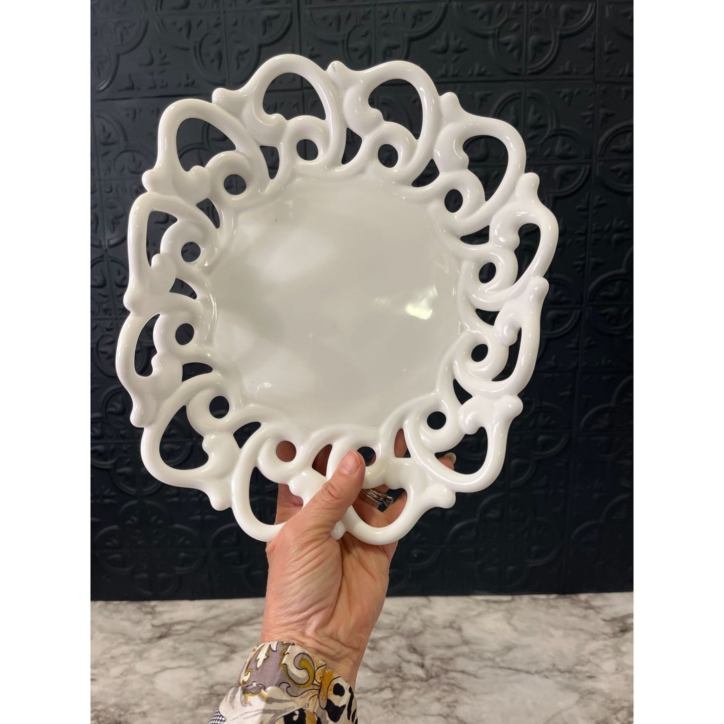 Lace edge milk glass tray