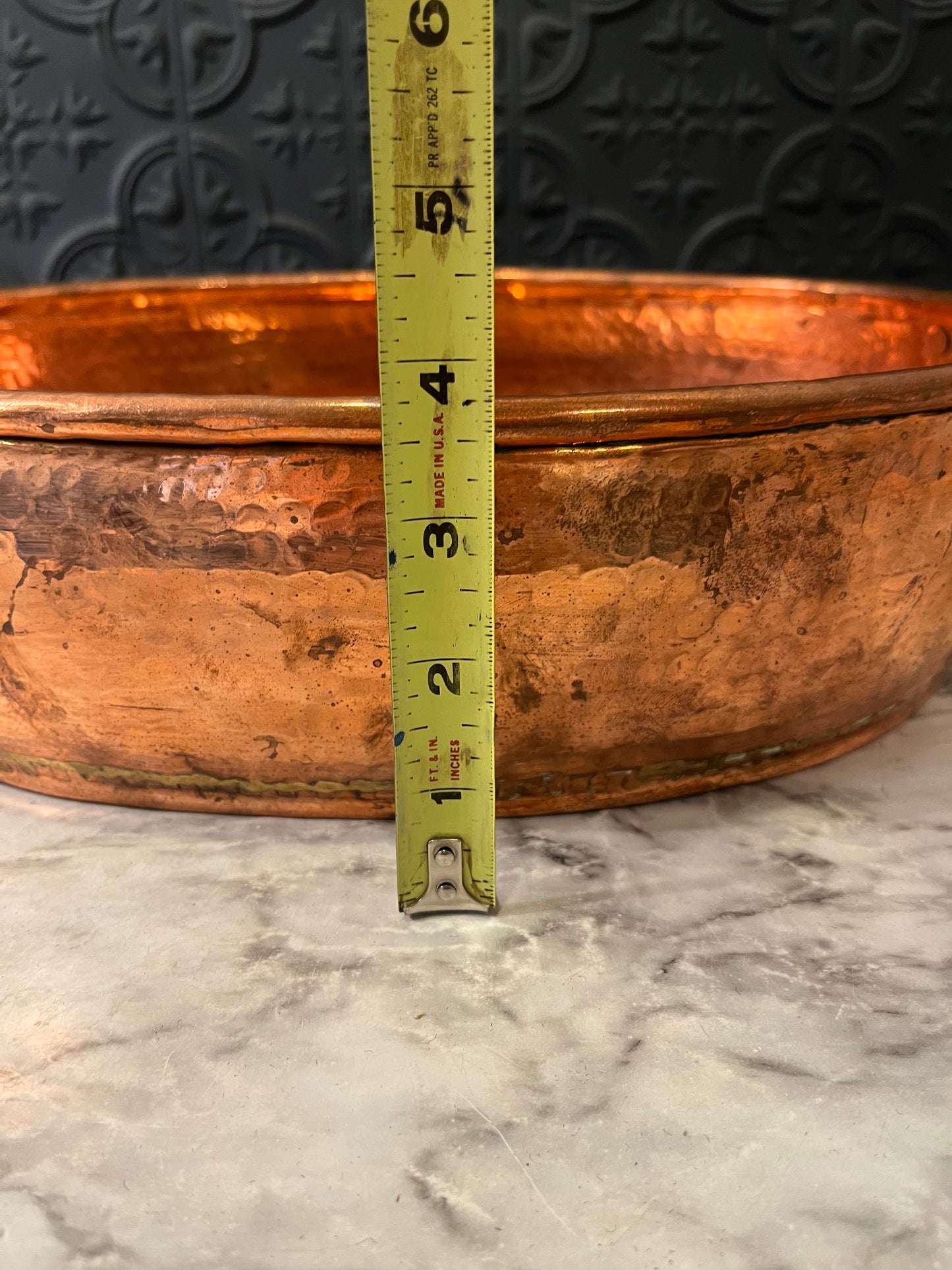 Hammered Copper Pot with Brass Handles 3.75 d 14 L x 10 W