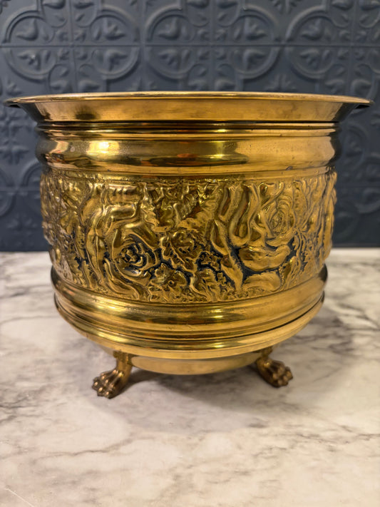 Brass Planter Pot with Rose Relief and Feet