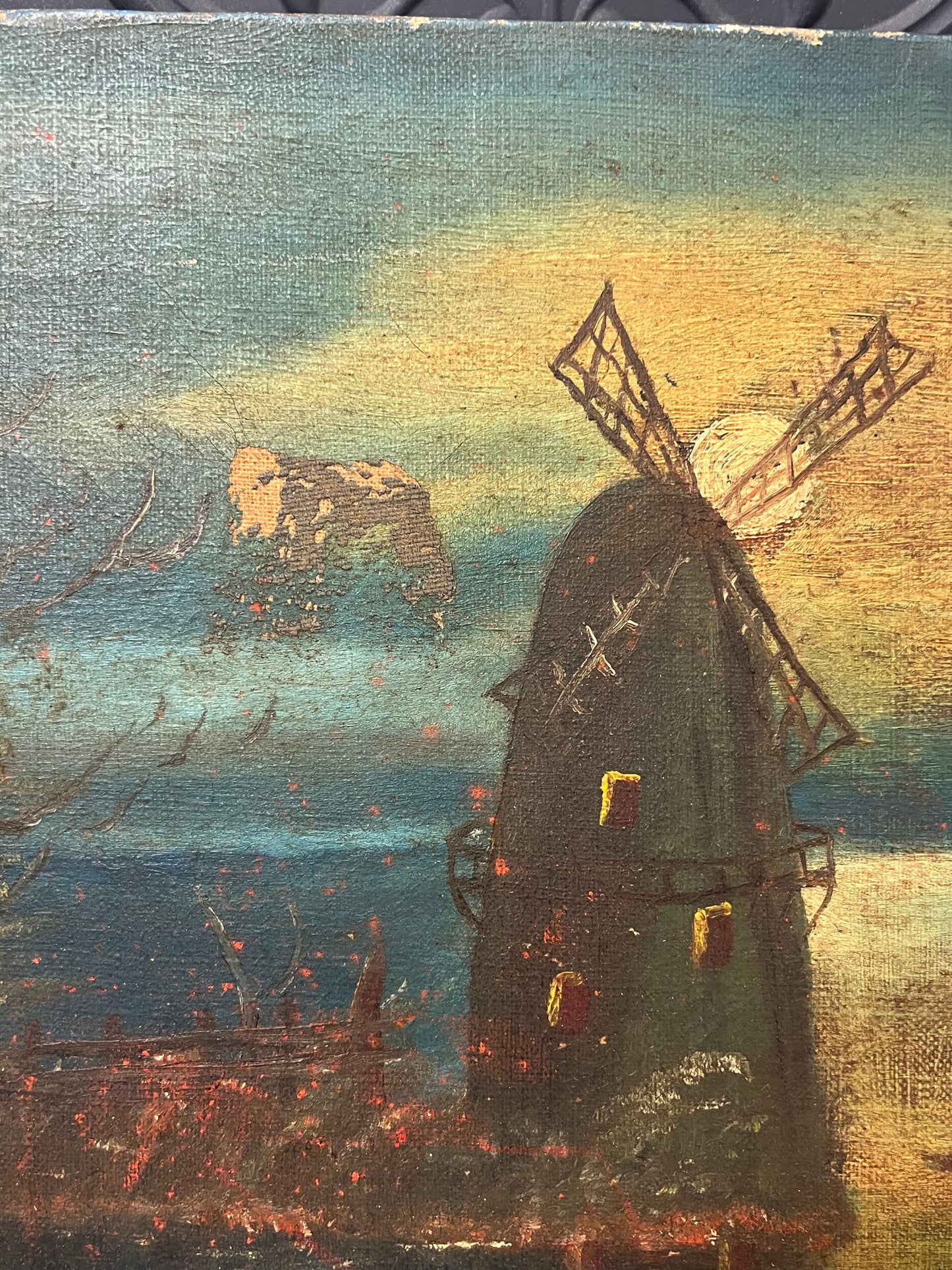 Antique Oil Painting of Windmill Unframed