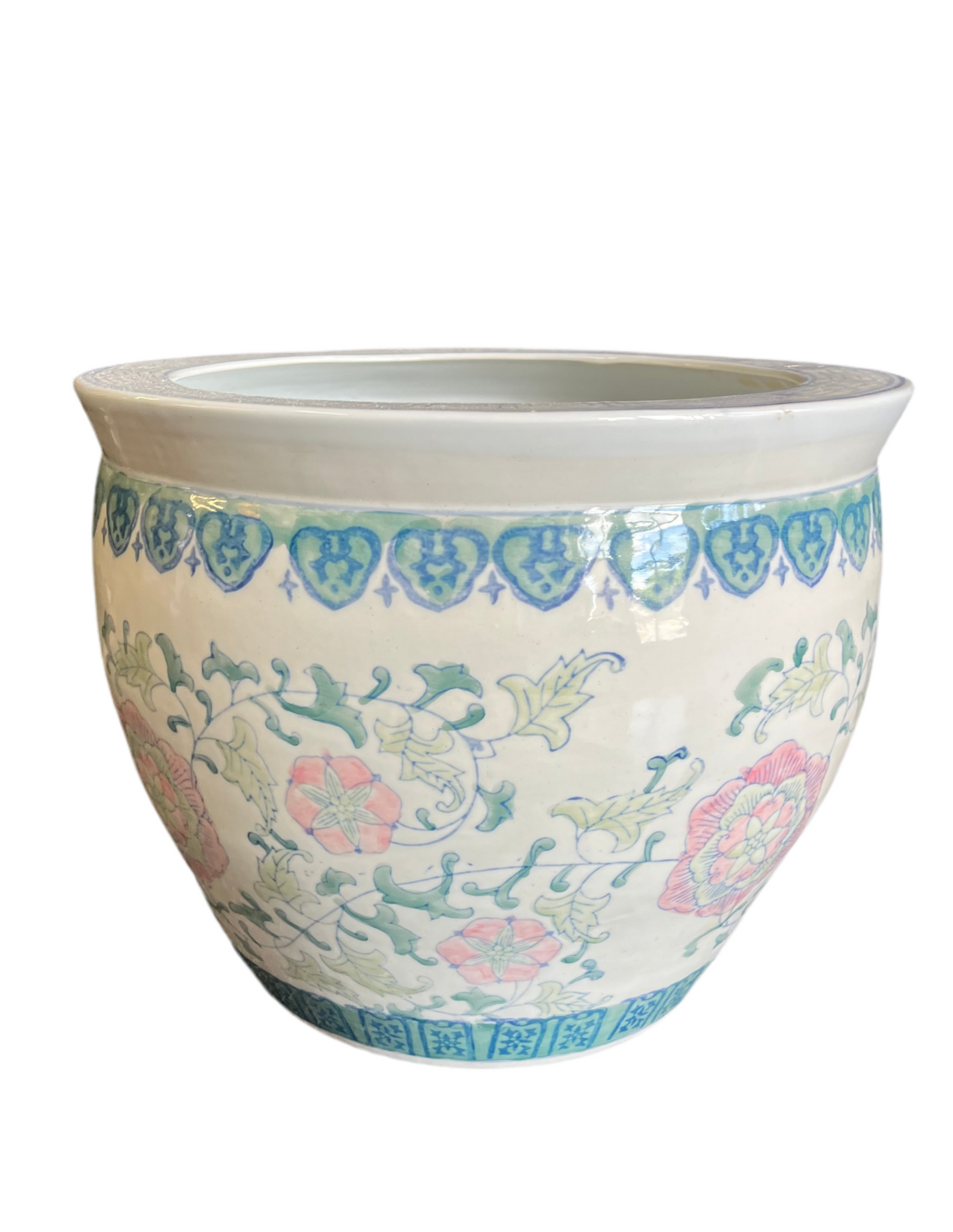 Large Blue and Pink Chinoiserie Fish Bowl Planter