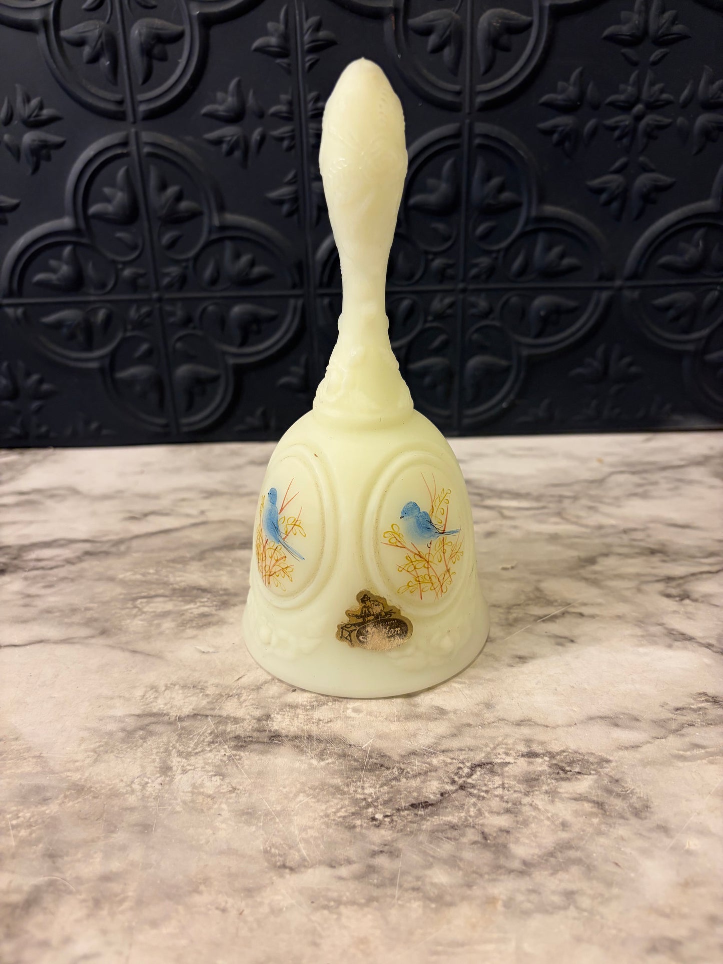 Fenton Custard uranium Glass Bell with Bird