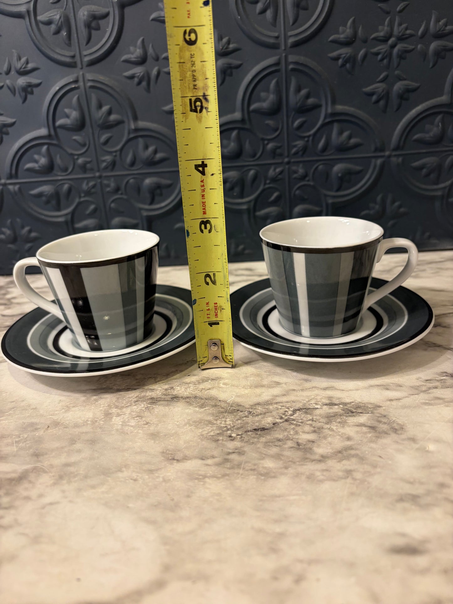 Grey and Black set of 2 Fifth PorcelainTeacup and Saucer
