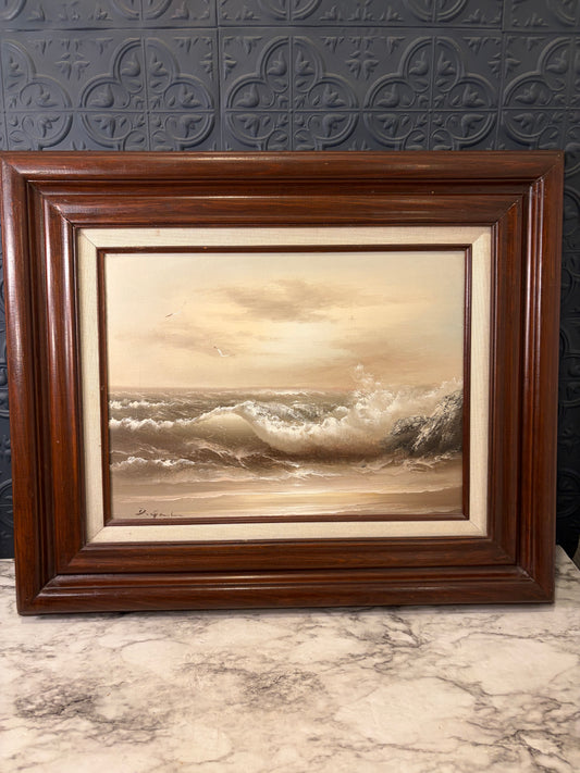 Muted Coastal Oil Painting in Dark Wood Frame