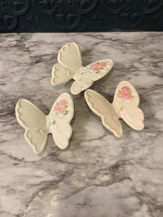 Porcelain White and Pink  Butterflies x 3