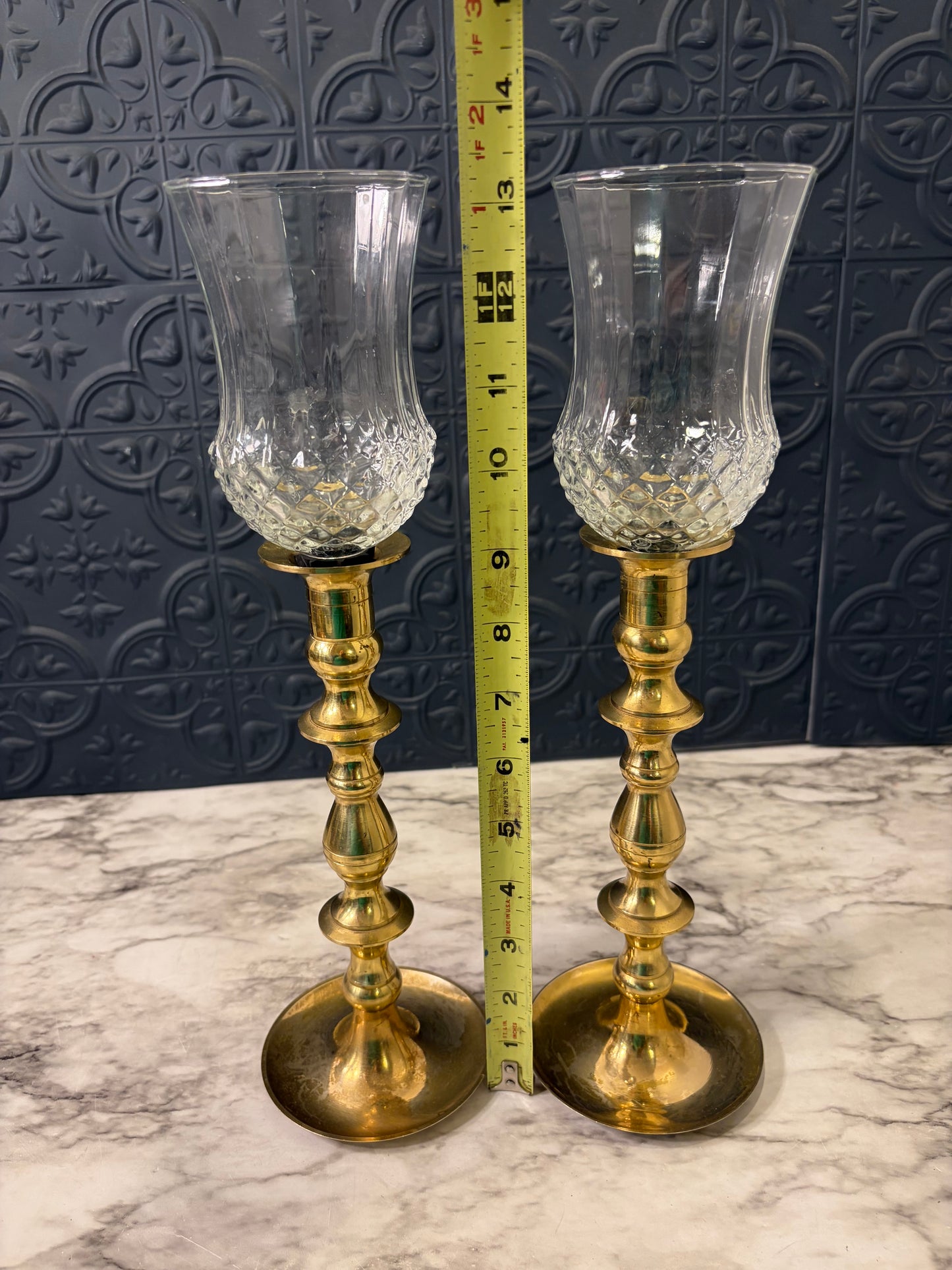 Set of Brass Candle Holders wth Glass Hurrican Japanese