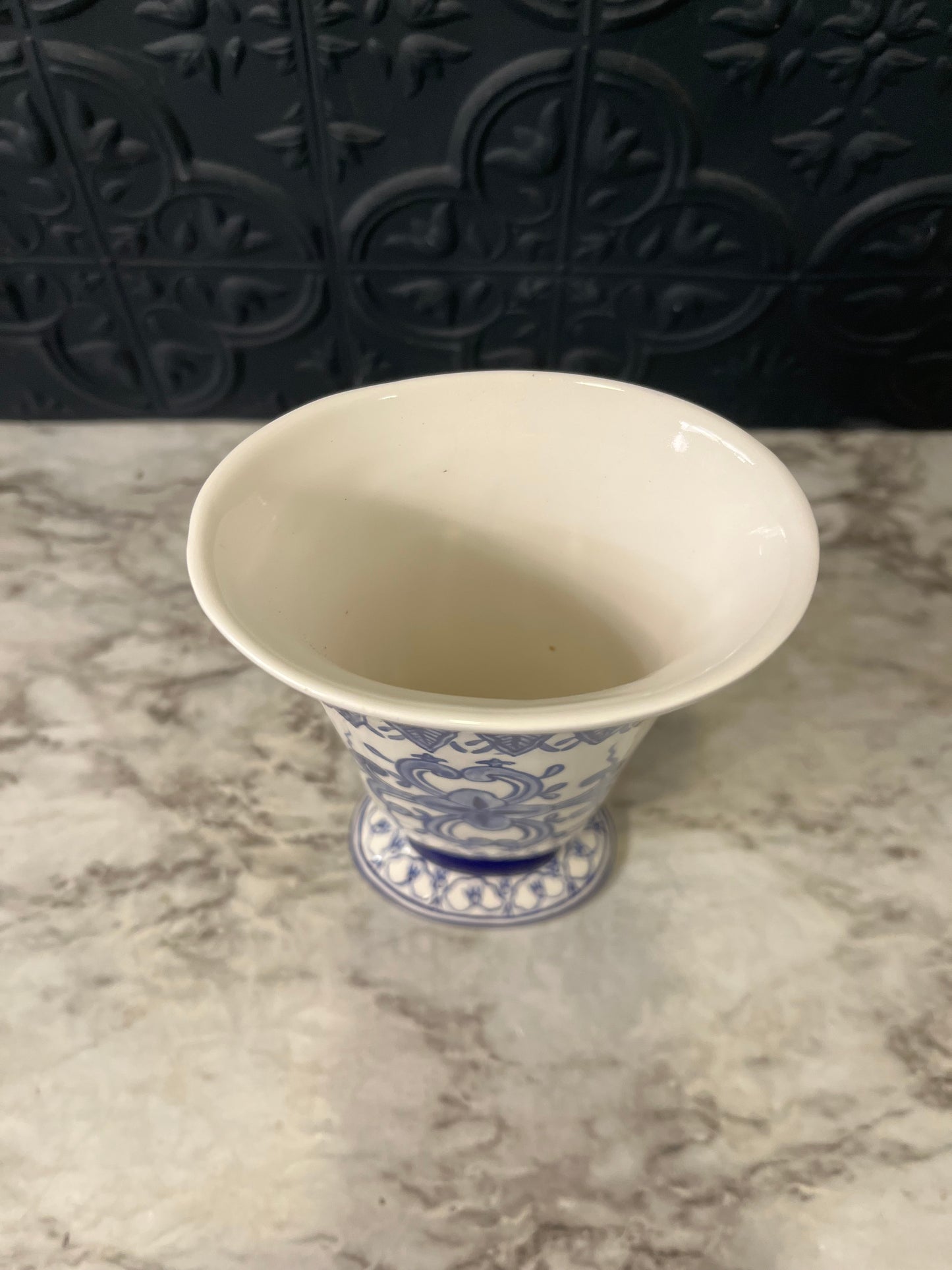 Vintage Blue and White Vase Oblong Trumpet Style