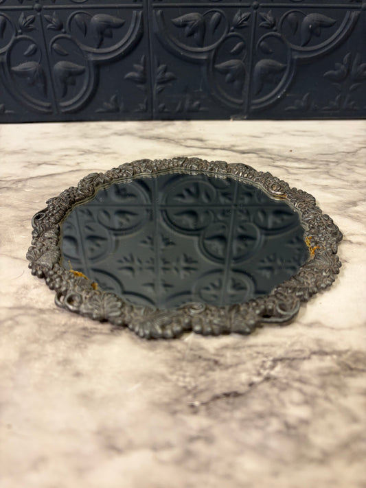 Round Mirrored Tray with Grapevine rim