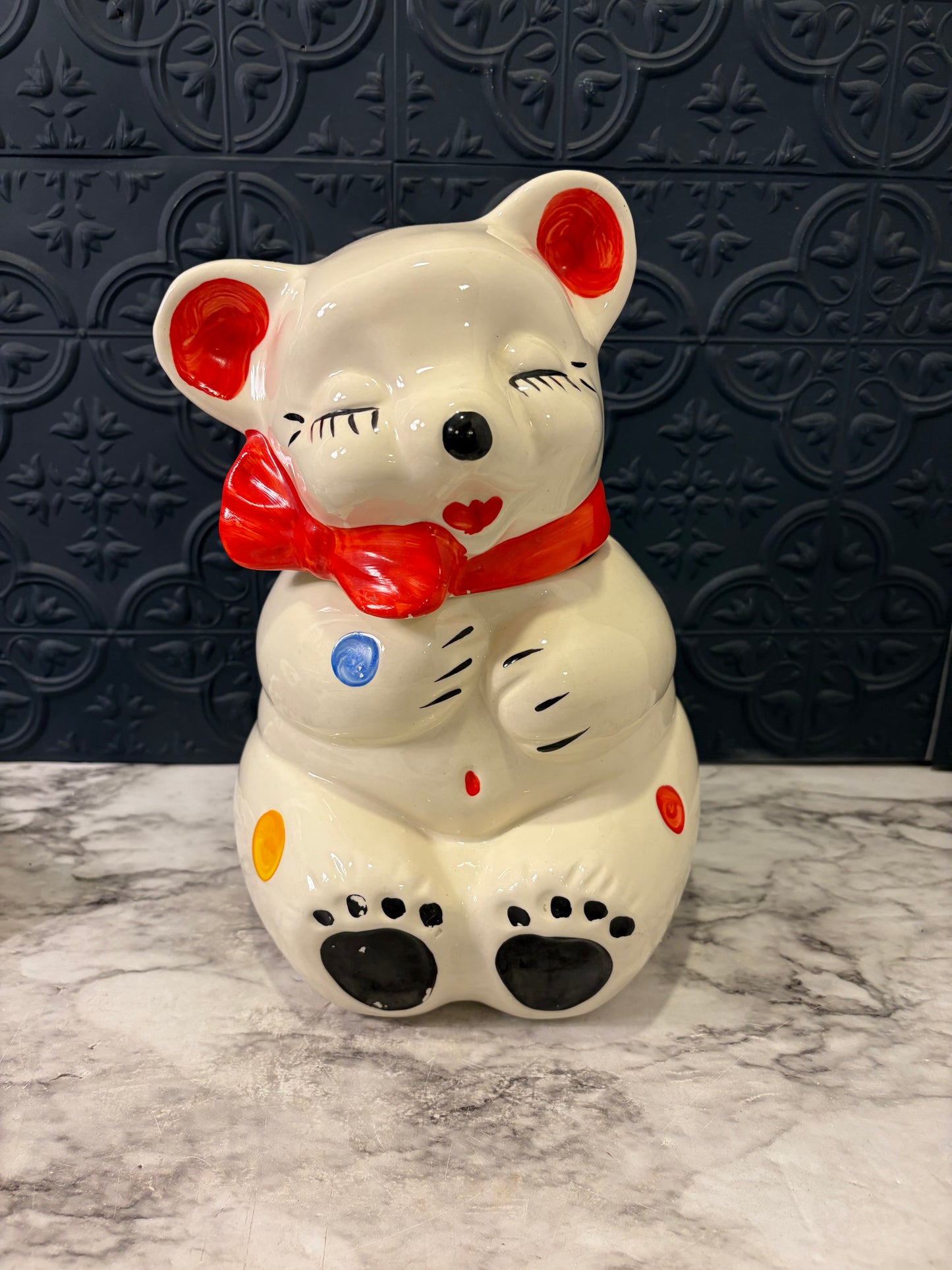 Vintage USA Pottery Polka Dot Bear Cookie Jar