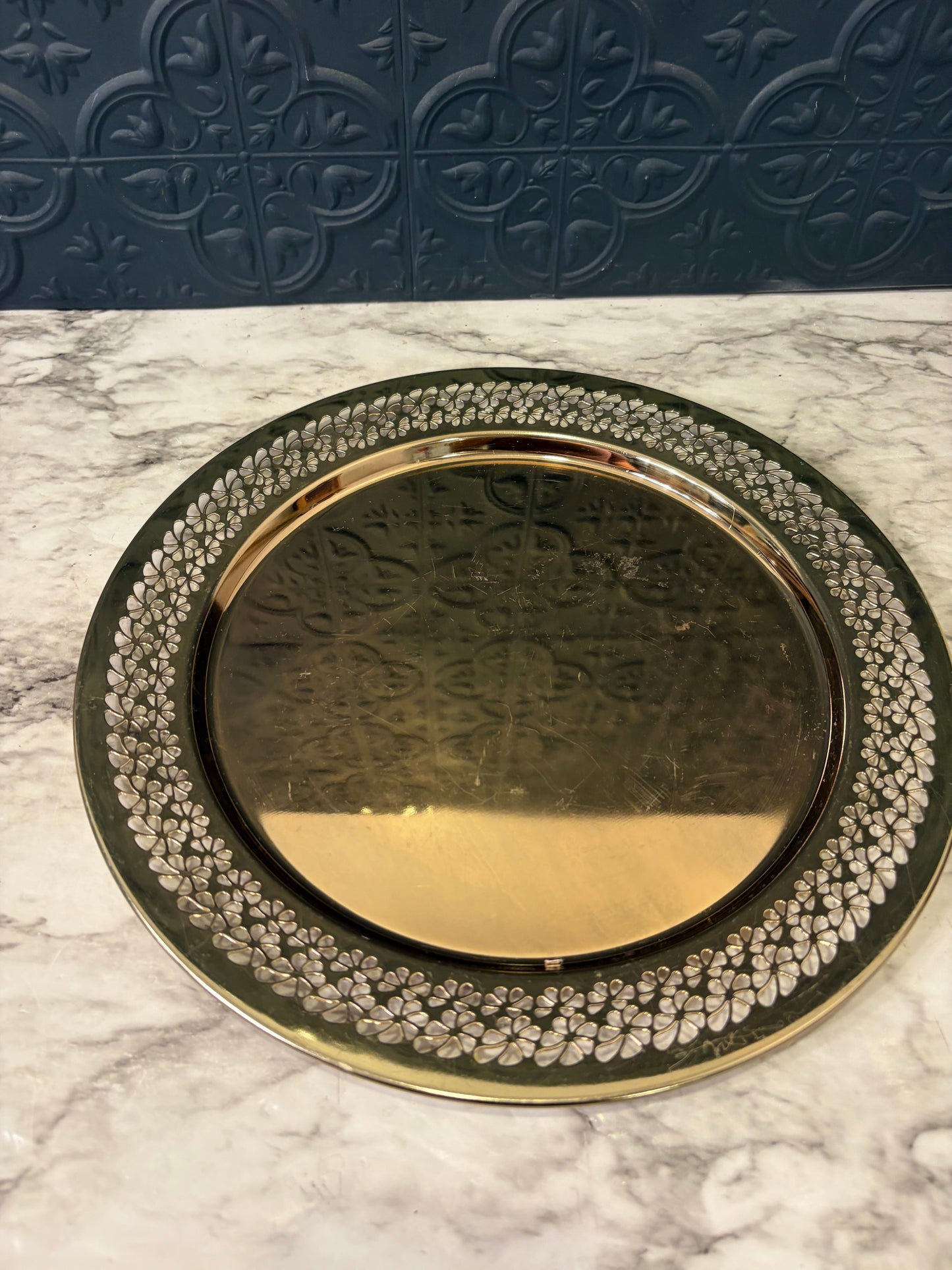 12.5" Round Brass Tray with Flower Cutouts