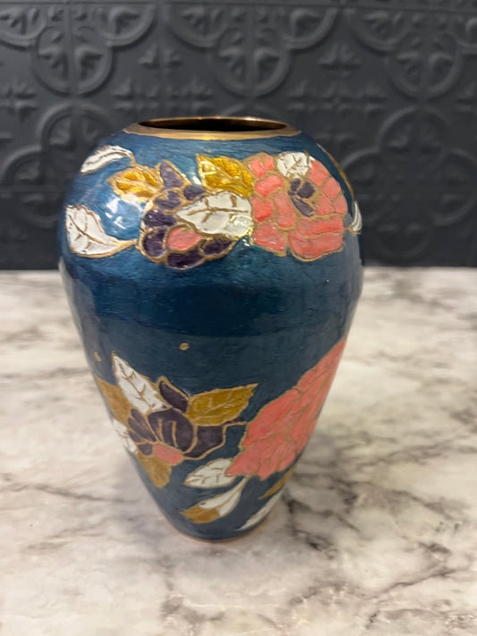 Blue and Peach Brass Cloisonne Vase