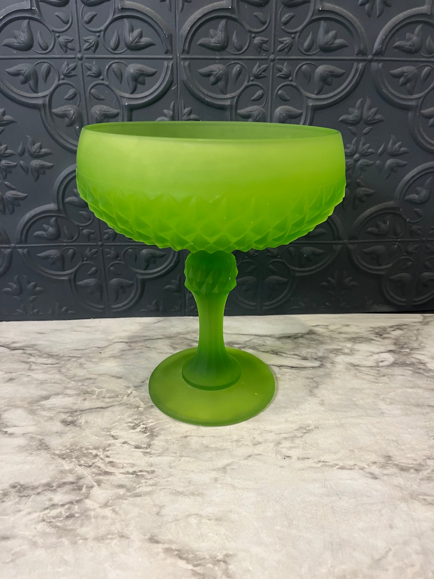 Indiana Glass Satin Green Diamond Point Pedestal dish