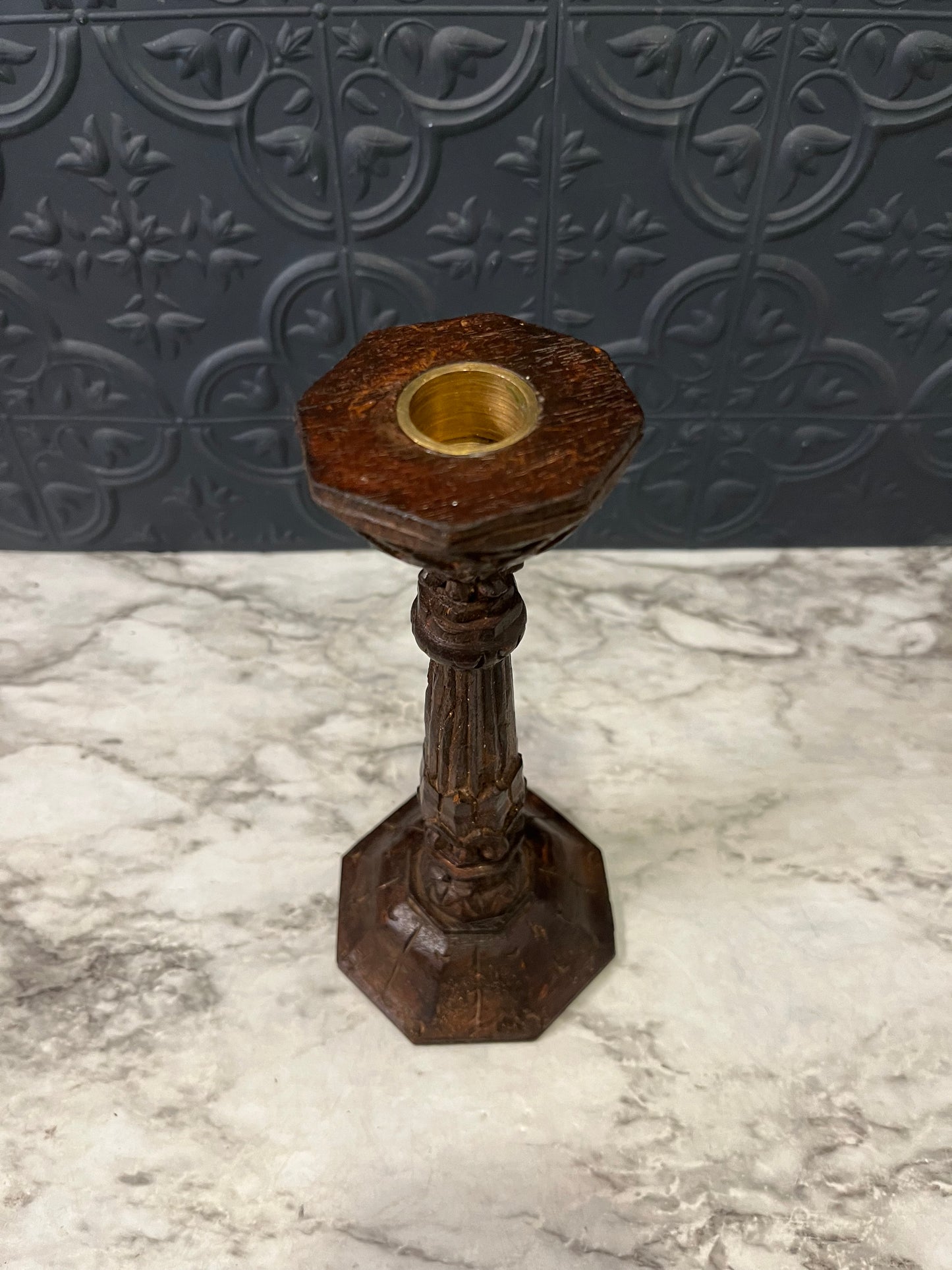 Dark Wood Hand Carved Candle Holder