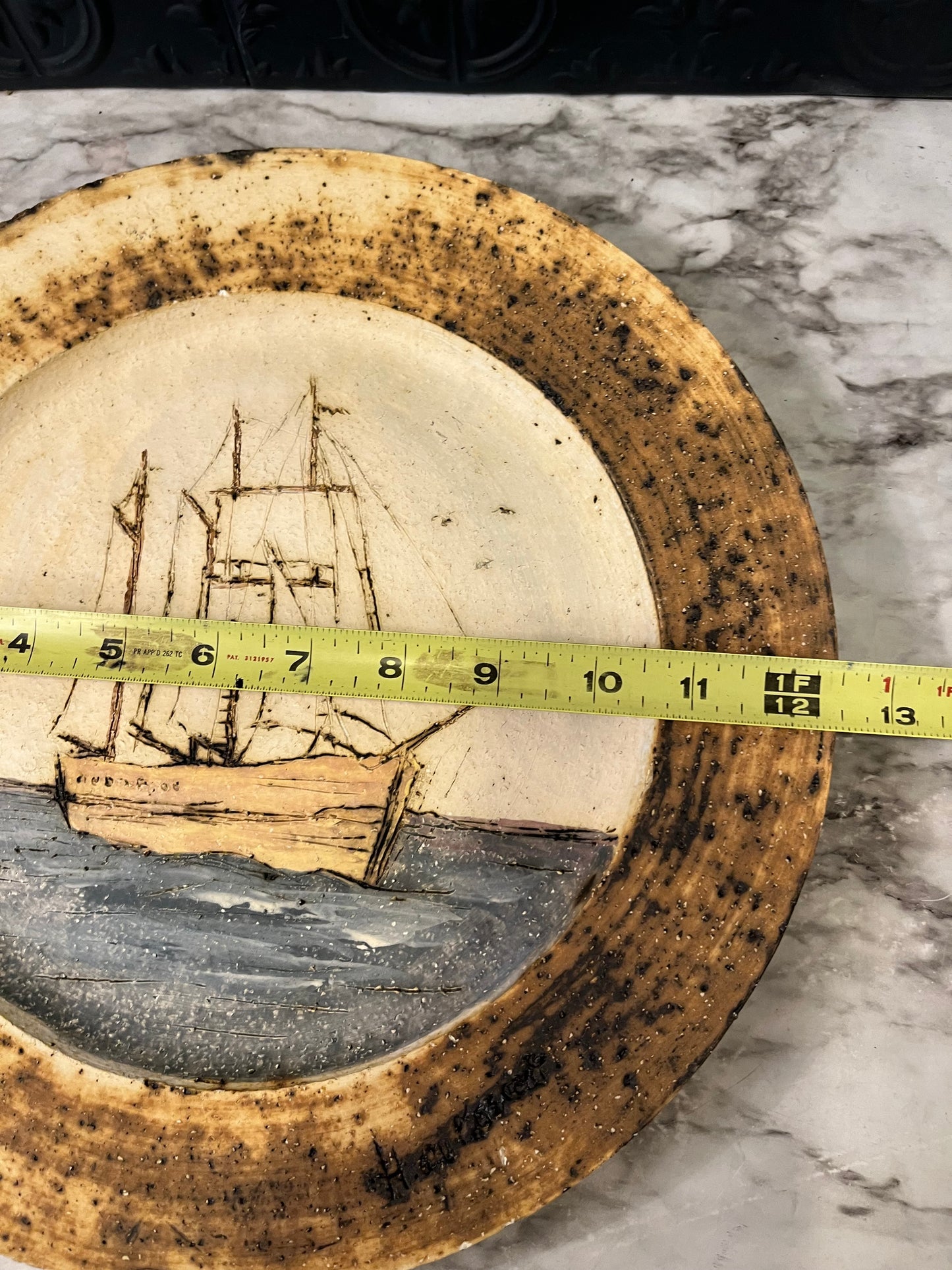 Decorative Pottery Plate with Ship 12.5"