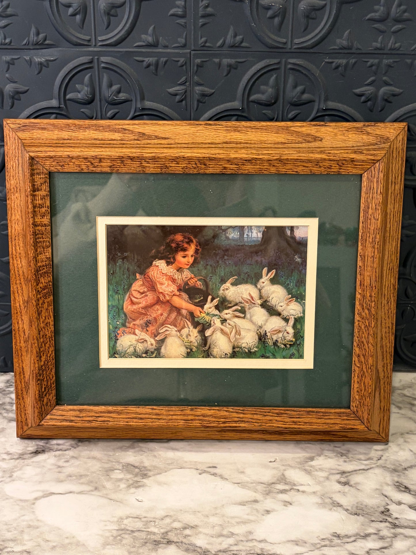 Feeding Rabbits Print in Oak Frame